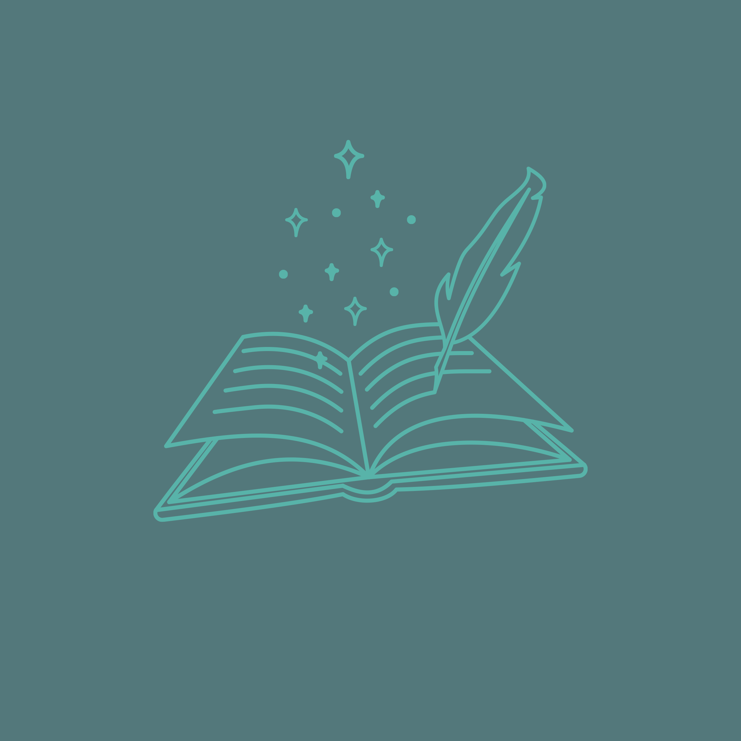 Animierte lineare Illustration von einem offenen Buch mit einer Feder auf grauem Hintergrund © good matters