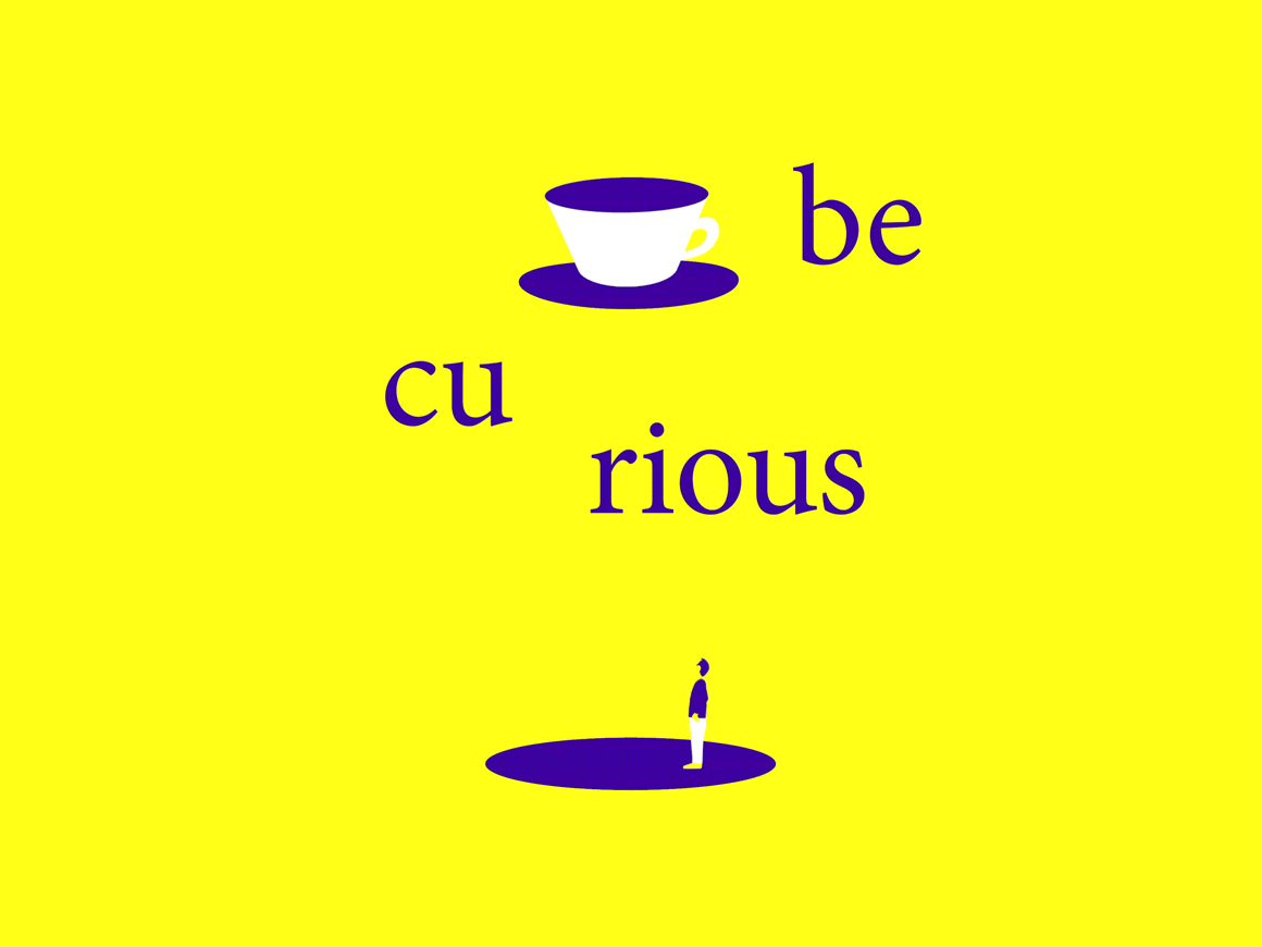 Fliegende Untertasse schwebt über einem Menschen, reduzierte Illustration auf gelbem Hintergrund mit der Headline "be curious" © good matters