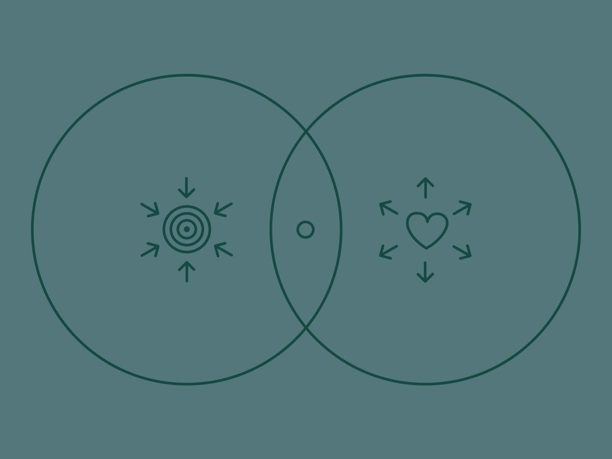 Lineare Illustration von zwei Kreisen mit Symbolen für Markenkern und Bedürfnis die sich treffen und in der Mitte entsteht etwas neues, auf grauem Hintergrund © good matters
