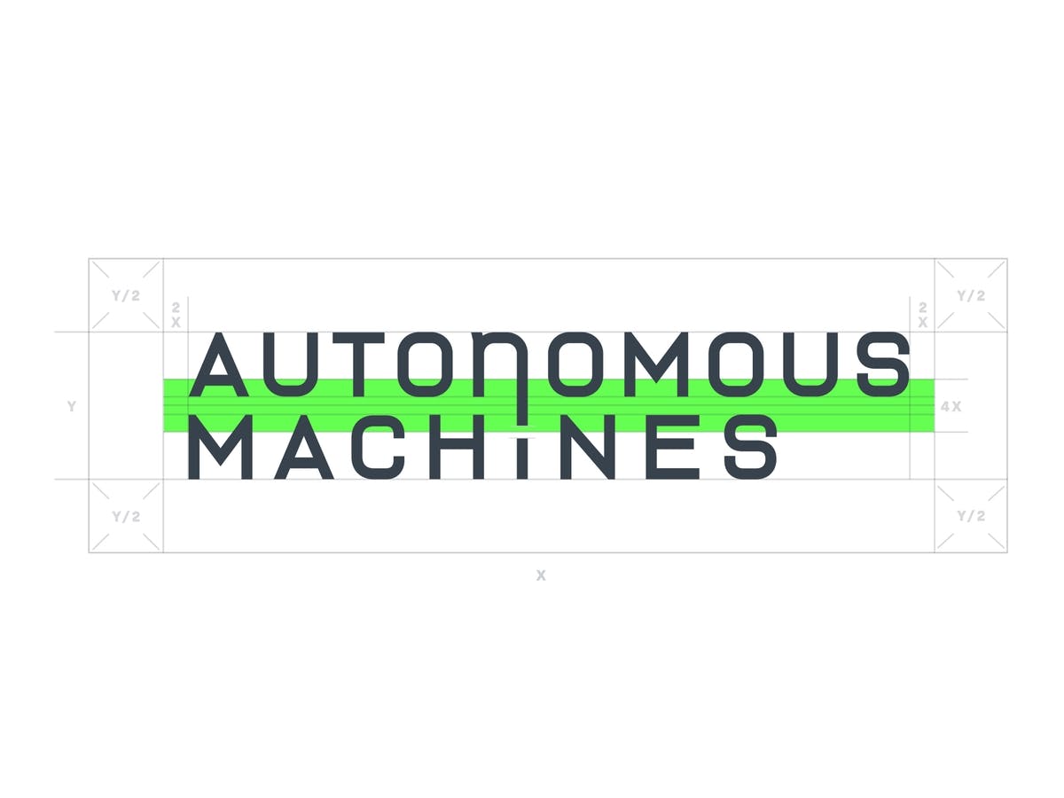 Autonomous Machines Logo – zweizeiliger Schriftzug mit einer neongrünen Trennlinie – mit Konstruktionslinien und eingezeichneter Schutzzone © good matters