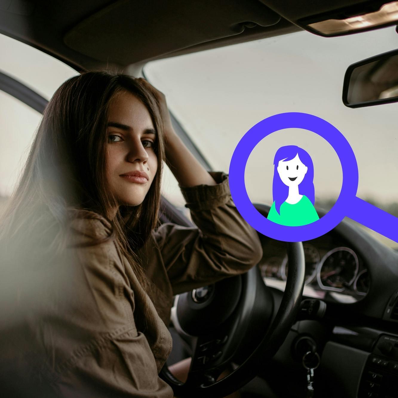 Bild einer jungen Frau, die im Auto sitzt mit einem Profil-Icon darüber © goodmatters