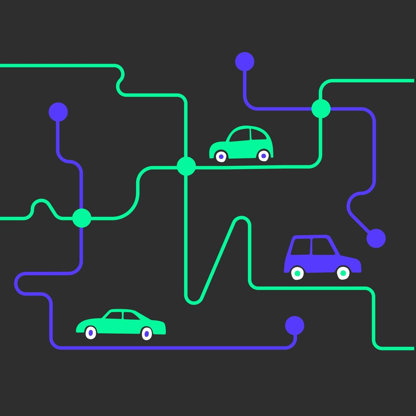 netzartige Wegeführung verschiedener Autos als Illustration in grün und lila auf schwarzem Hintergrund © goodmatters