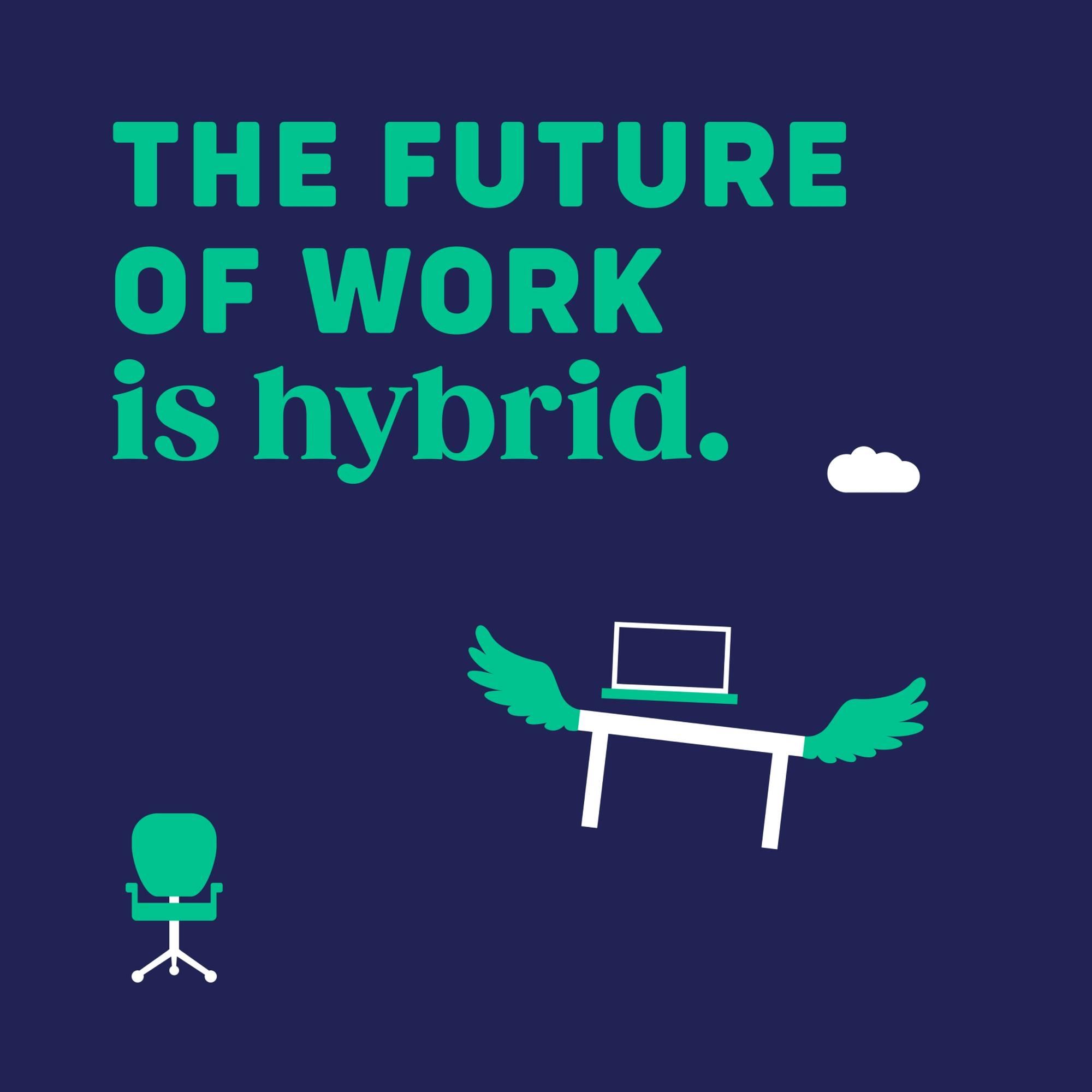 Illustrationen Bürostuhl und fliegender Tisch, Die Zukunft der Arbeit ist Hybrid © good matters