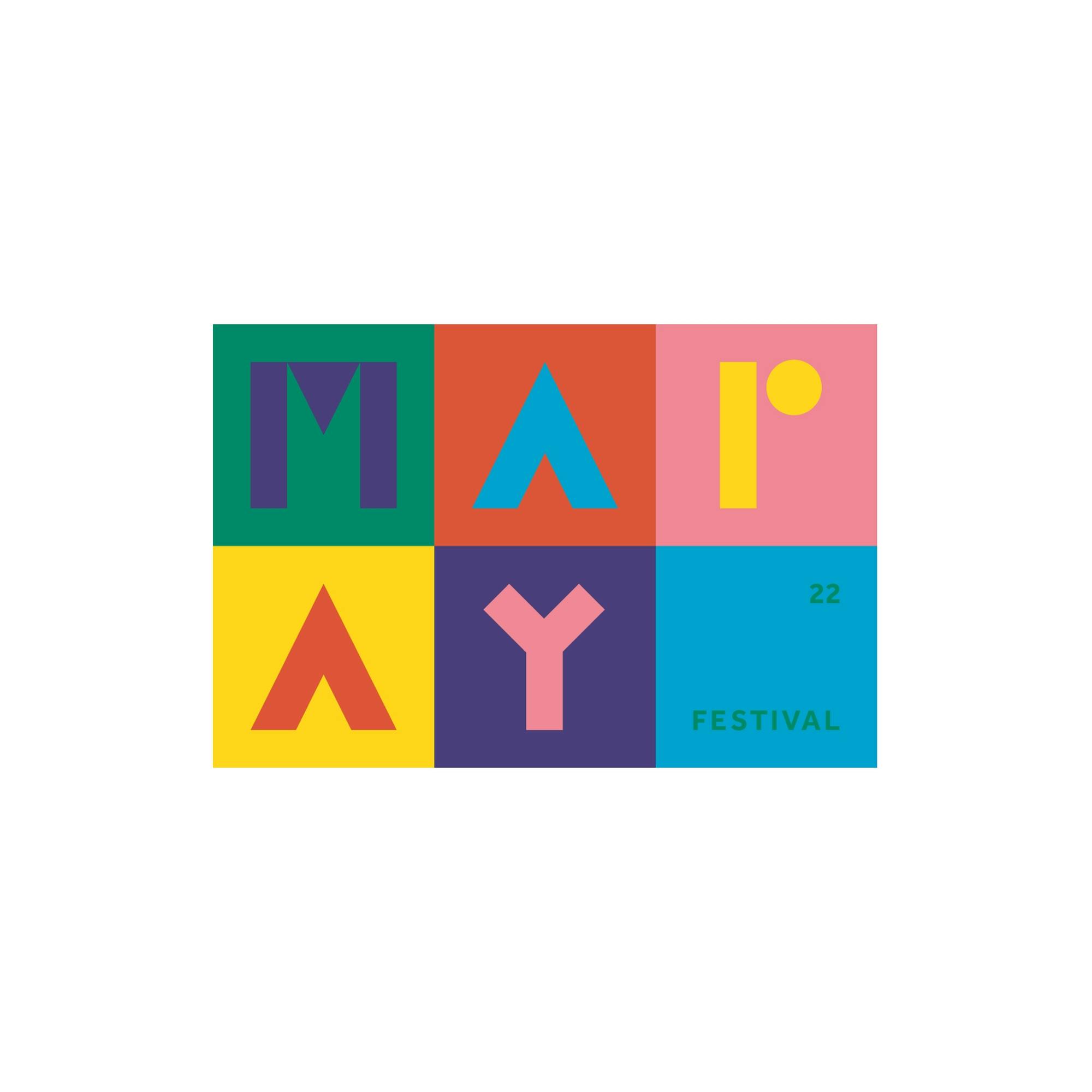 Logovariante MARAY Festival, sechs bunte Quadrate mit geometrischen reduzierten Buchstaben in zwei Reihen © good matters