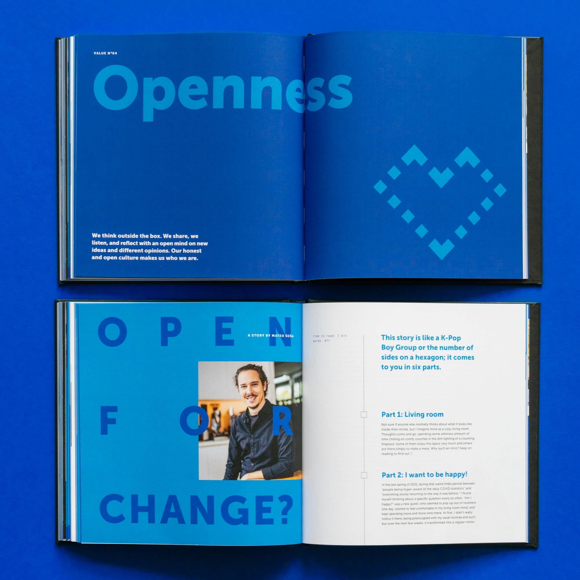 eine Doppelseite mit dem Wert: Openness und Beschreibungstext, zweite Doppelseite mit einer Story eines Mitarbeiters über Openness © goodmatters