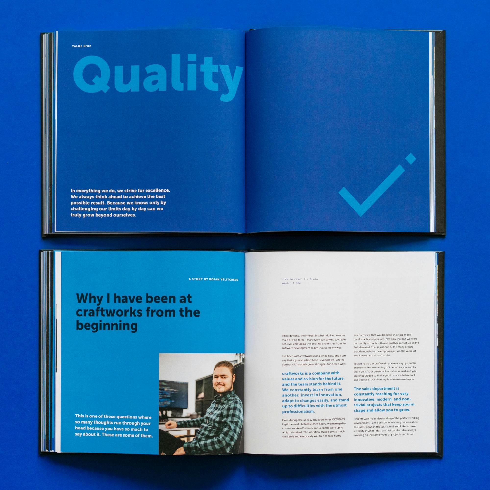 eine Doppelseite mit dem Wert: Quality und Beschreibungstext, zweite Doppelseite mit einer Story eines Mitarbeiters über Quality © goodmatters