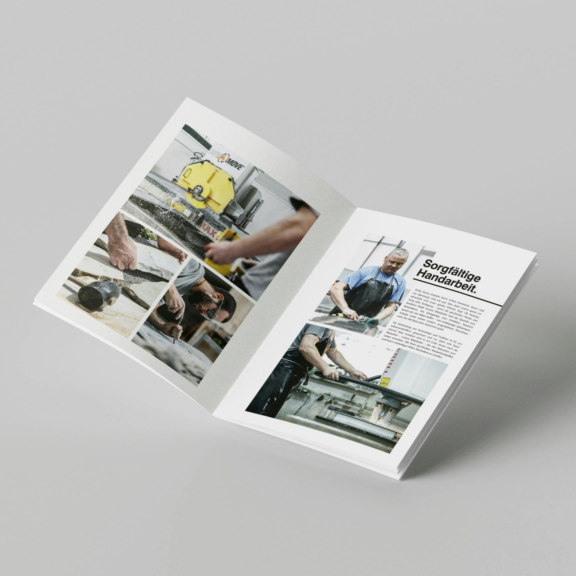 Die Innenseiten über das Thema "Handarbeit"  in der Image Broschüre von Stein Lampert zeigt Einblicke in die Werkstatt des Unternehmens © gobiq
