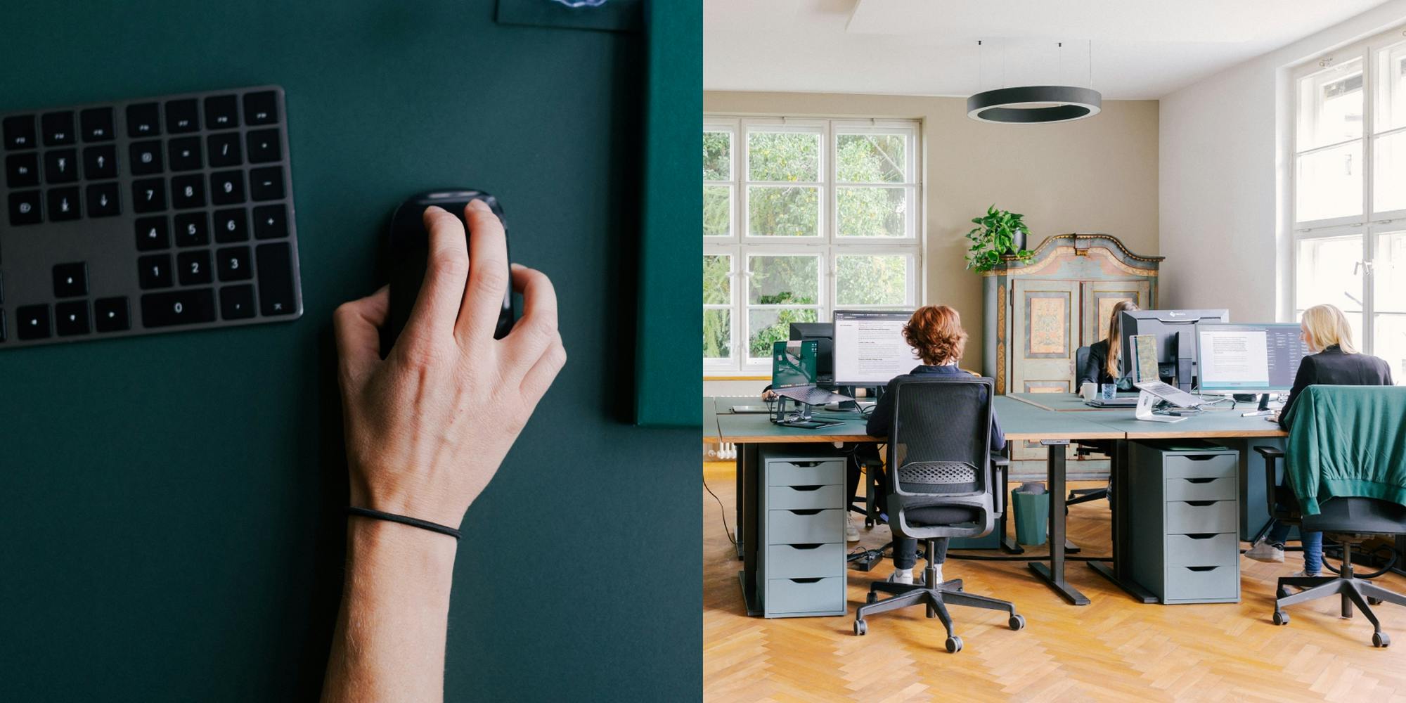 Bildkombination: Detailaufnahme Hände mit Maus und Tastatur auf grünem Tisch und Arbeitsplätze im Büro in der Gelben Fabrik © good matters