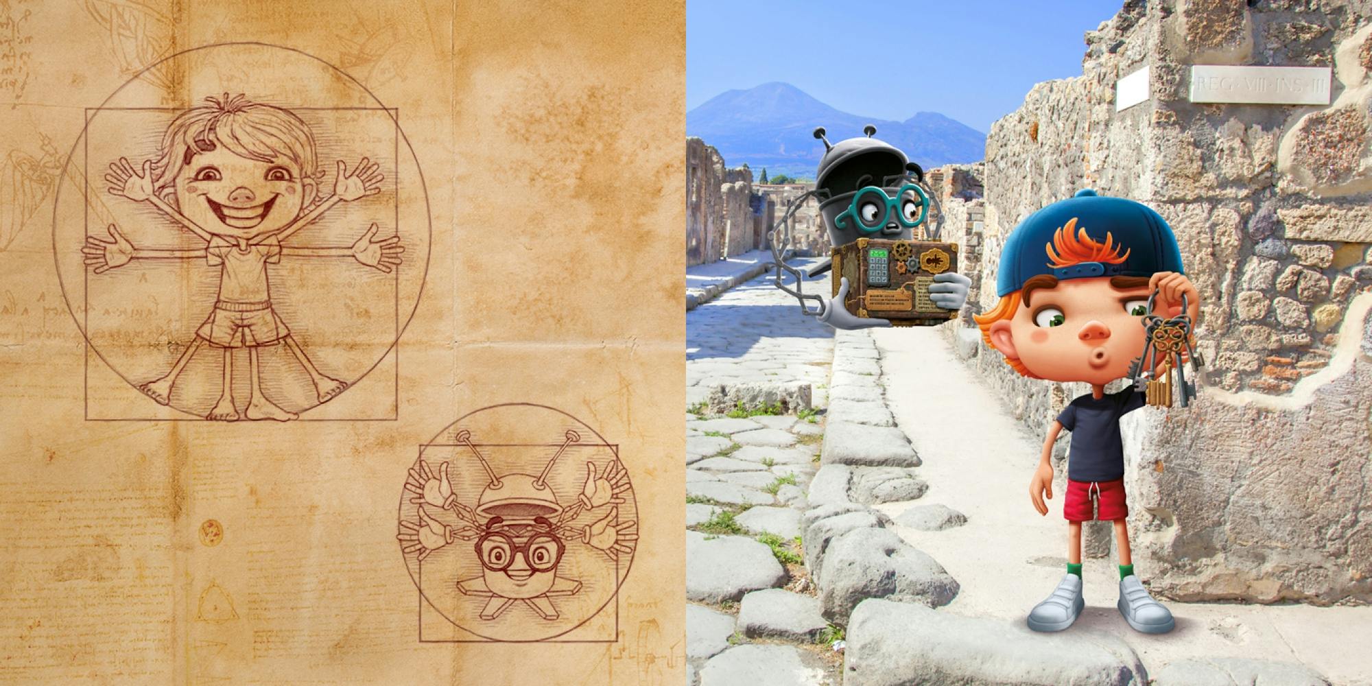 Bild Links: Oskar und Bo gezeichnet im Stil von Da Vinci's Vitruvianischer Mensch. Bild Rechts: Oskar und Bo stehen in den Ruinen von Pompei mit der Kiste und einem Schlüsselbund in der Hand. © goodmatters