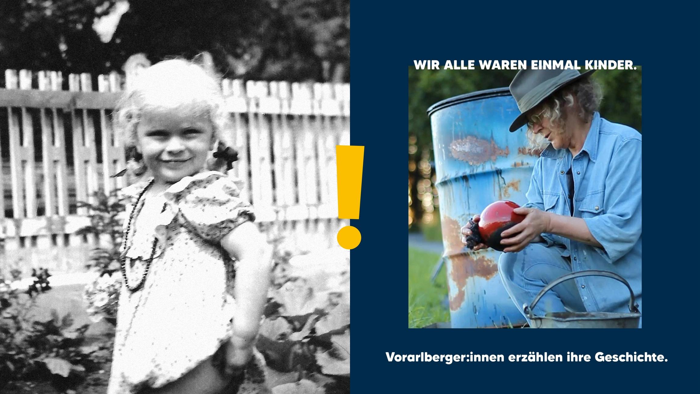 Vorarberger:innen erzählen ihre Geschichte. Eine Frau als Kind und als Erwachsene Frau im Garten. und als Erwachsener. © gobiq