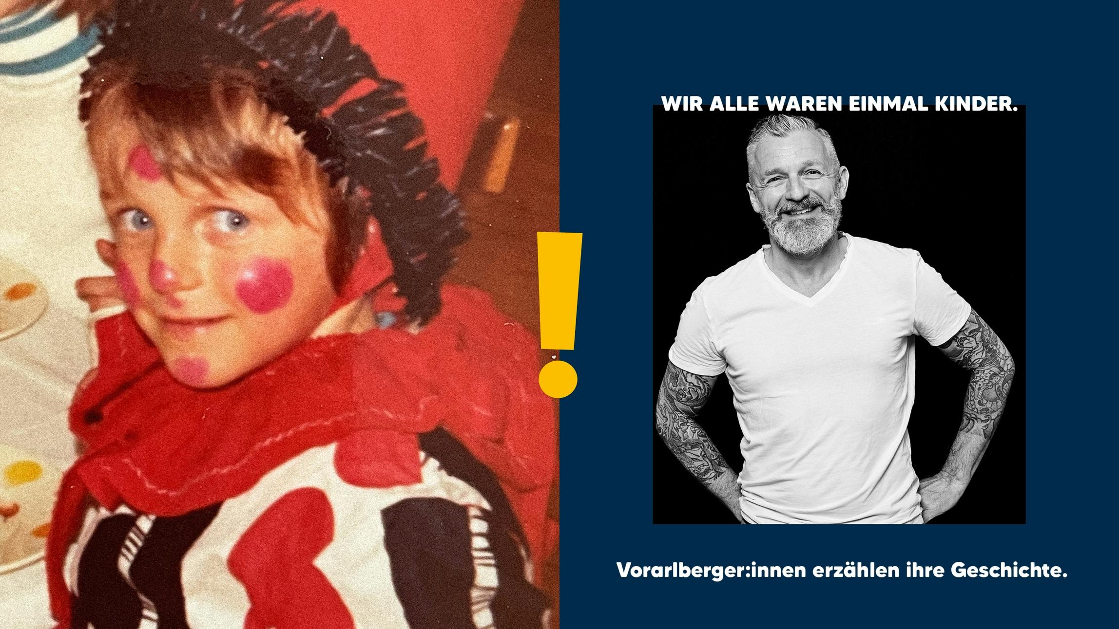 Vorarberger:innen erzählen ihre Geschichte. Der gleiche Mann als Kind im Clownskostüm und als Erwachsener. © gobiq