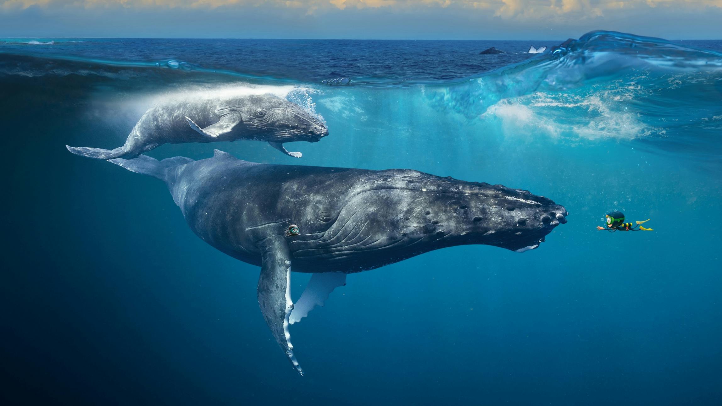 SPAR Stickermania 2022 Szene: Bild von zwei Walen die mit Oskar und Bo Unterwasser tauchen © good matters x gobiq