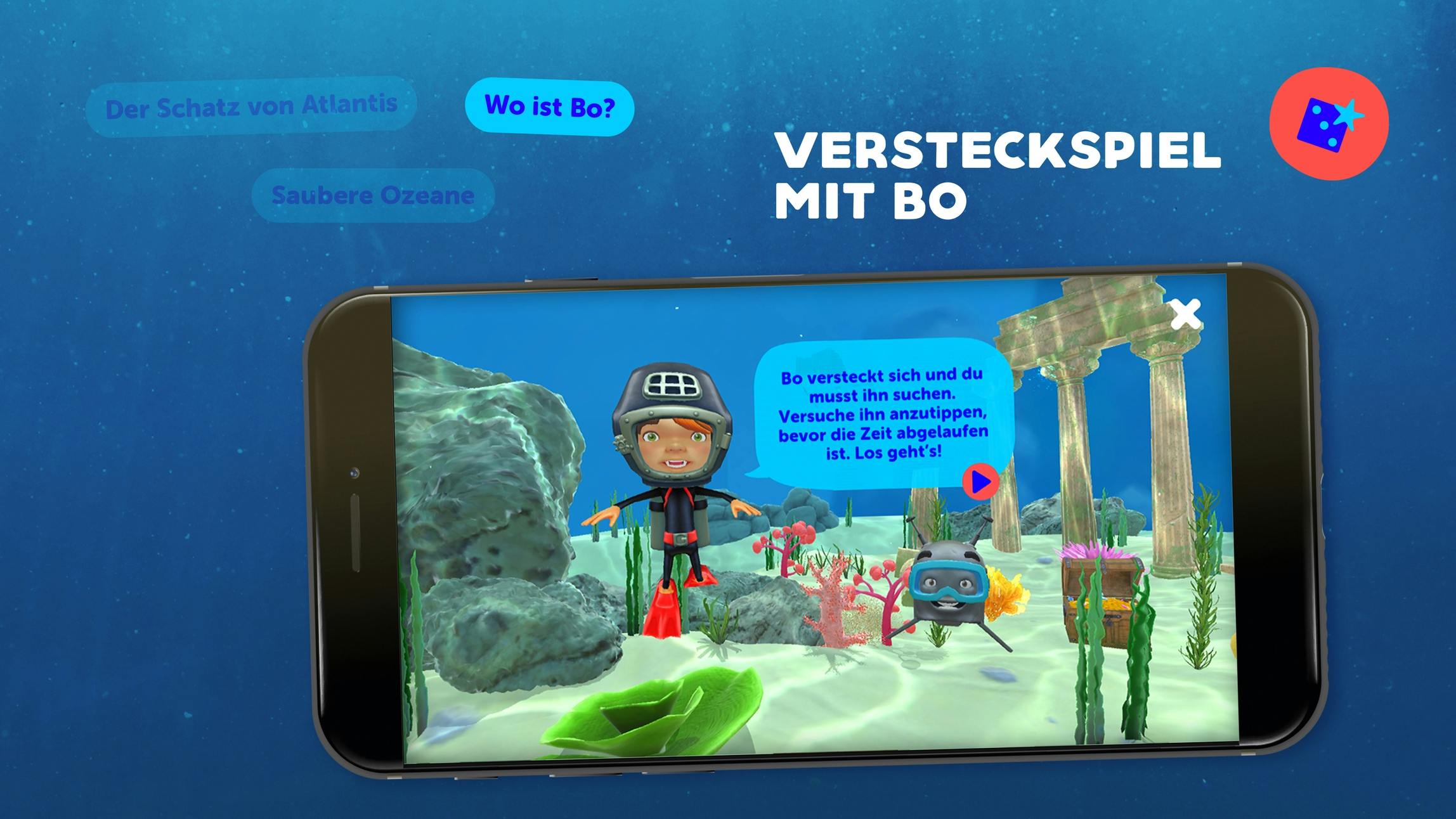 Ansicht der Stickermania Atlantis Unterwasserwelt App – Screenshot aus dem Spiel: Versteckspiel mit Bo © gobiq