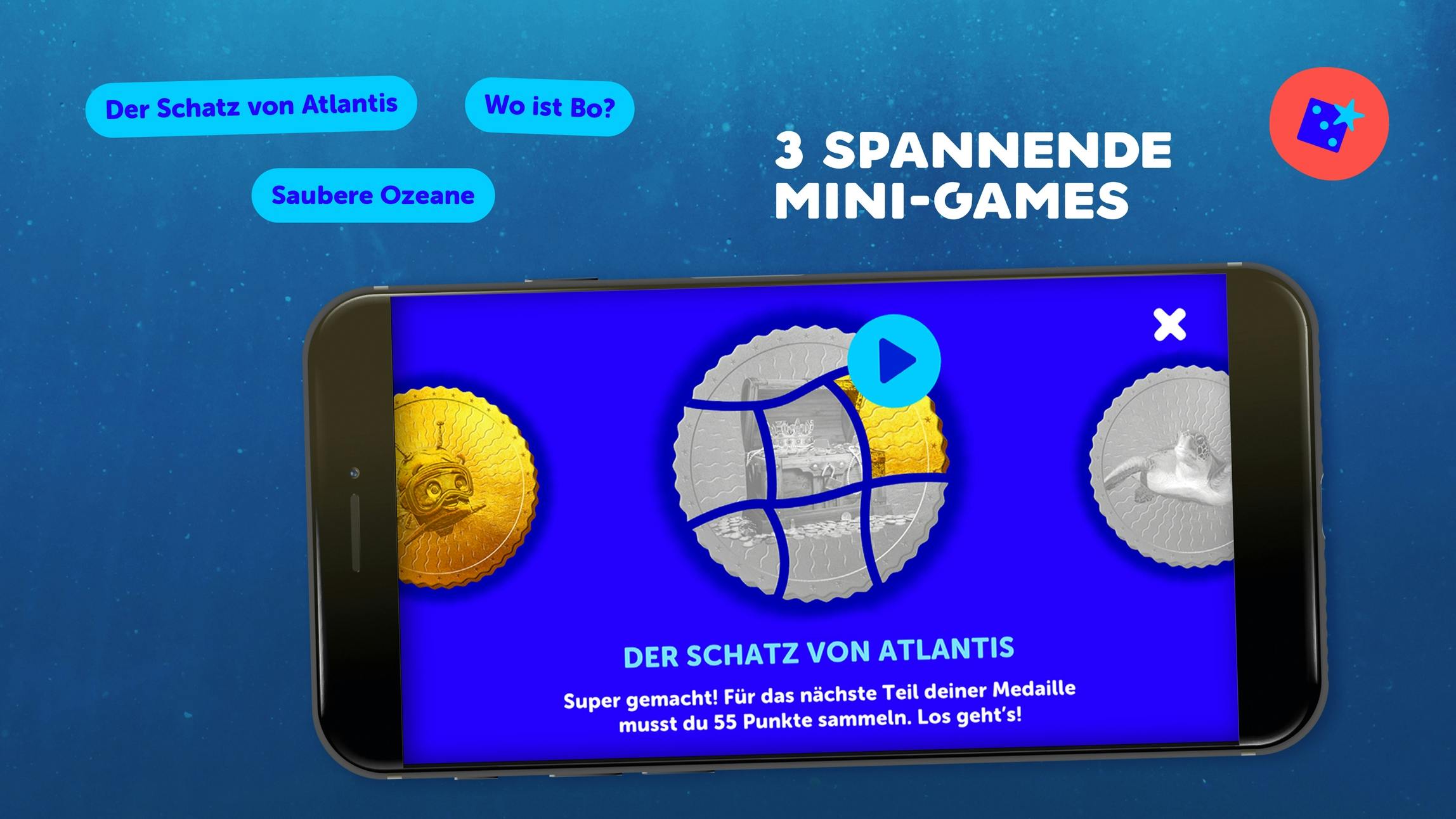 Vorschaubild der Mini-Games in der Stickermania Atlantis Unterwasserwelt App © gobiq