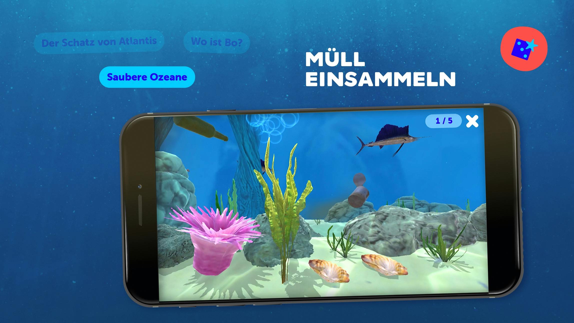 Ansicht der Stickermania Atlantis Unterwasserwelt App – Screenshot aus dem Spiel: Saubere Ozeane © good matters x gobiq
