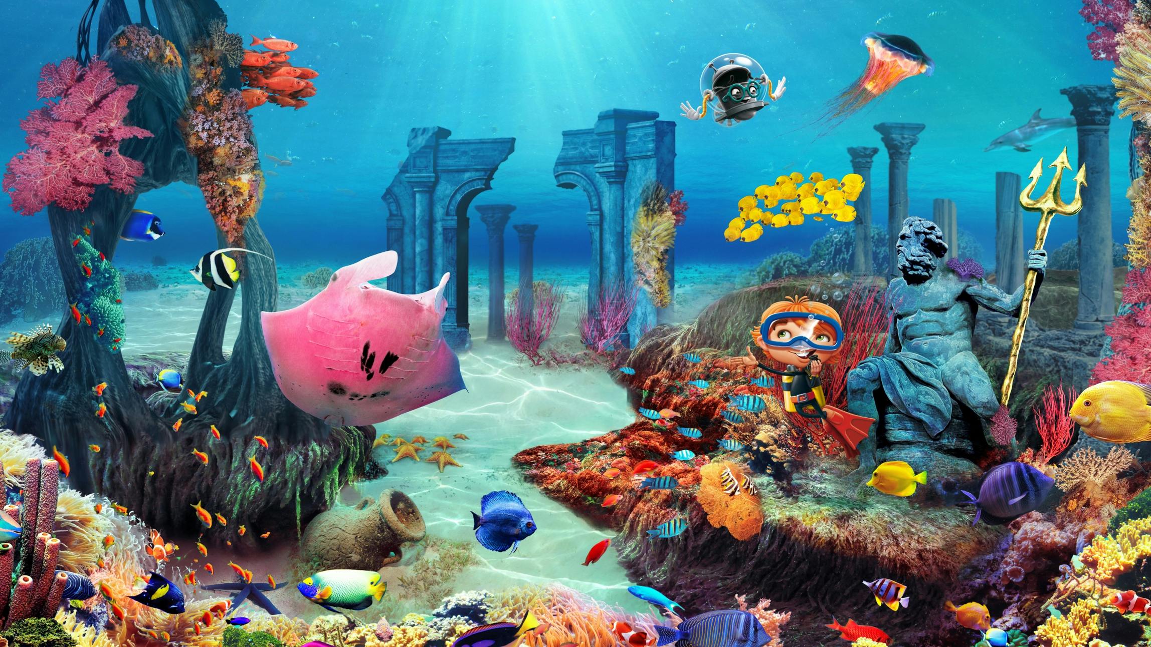 Stickermania 2022 Szene: Magische Unterwasserwelt, in der Oskar und Bo vor einer Poseidon Statue mit einem Goldenen Dreizack tauchen © good matters x gobiq
