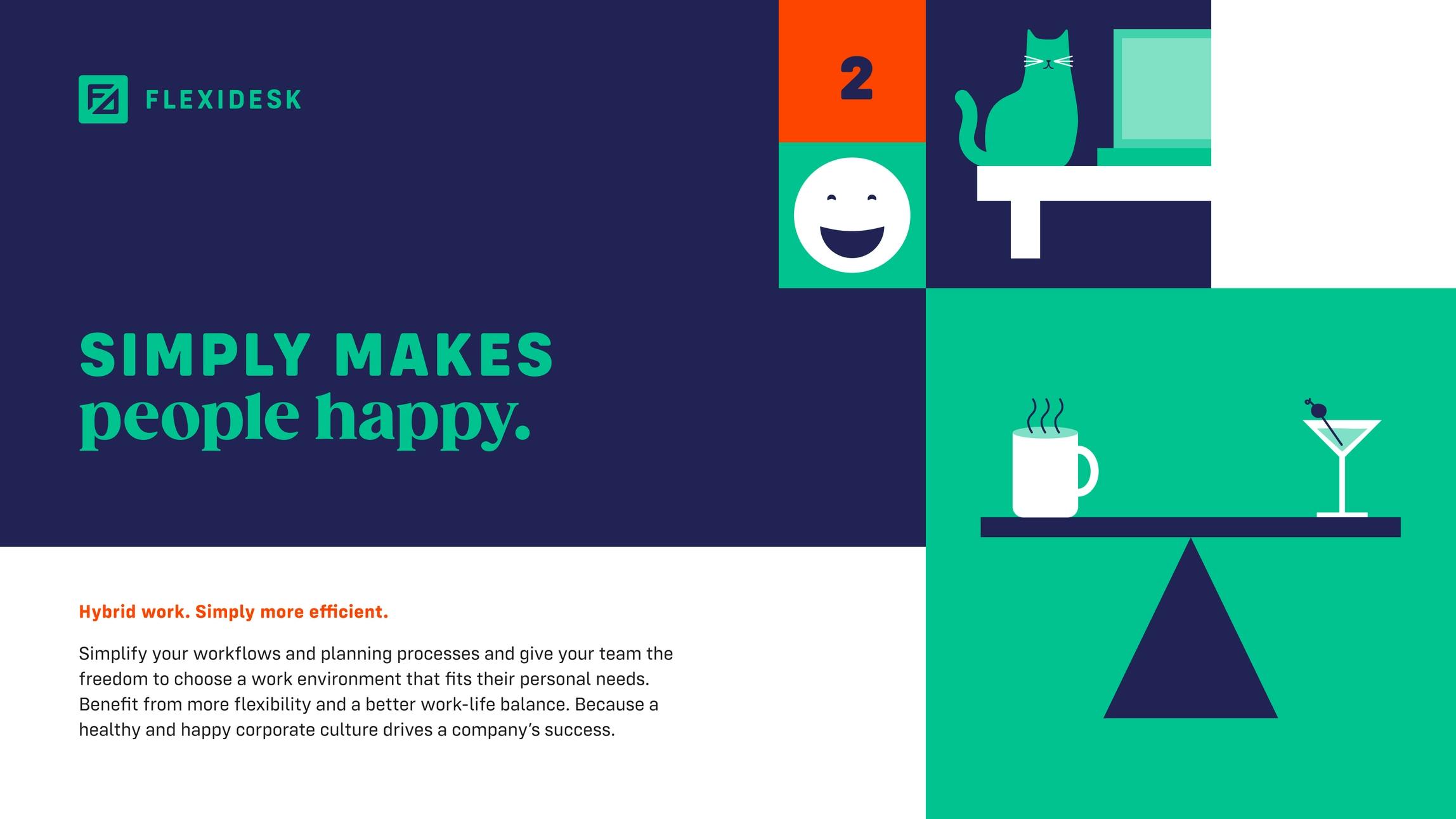 Grund 2: Macht Menschen glücklich, Sujet mit den Illustrationen Smiley, Katze und Waage mit Kaffeetasse und Cocktail © good matters