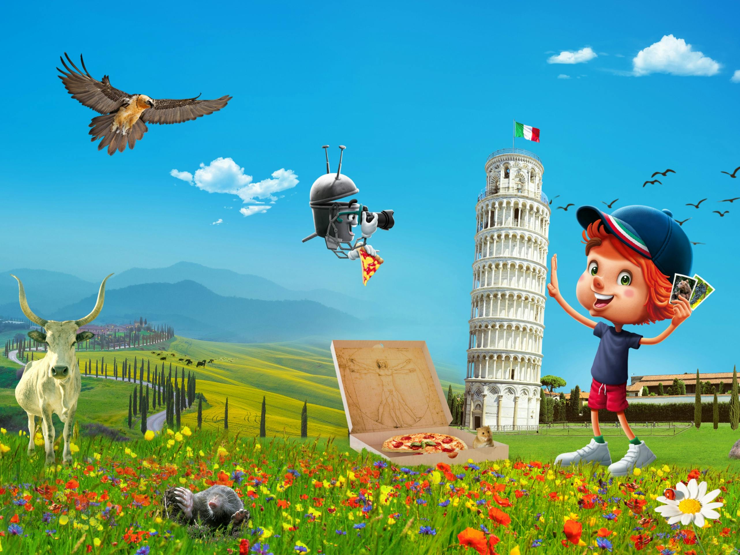 Titelbild der Stickermania 2023, Oskar und Bo in einer Wiese vor dem schiefen Turm von Pisa © good matters