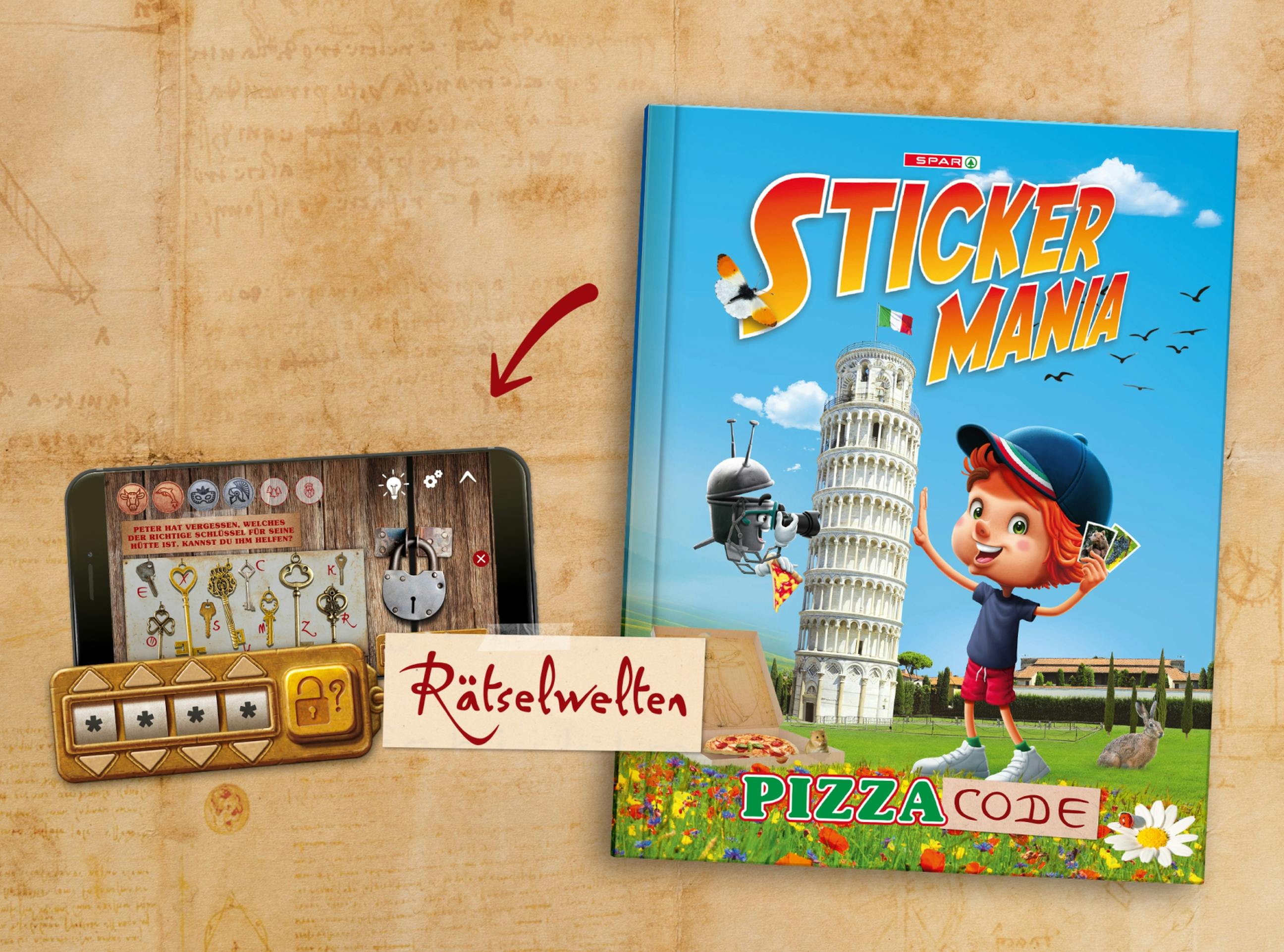 Da Vinci Style Hintergrund mit Stickermania Sammelalbum Pizza Code und einer Abbildung eines Handys mit den Online-Rätselwelten © good matters