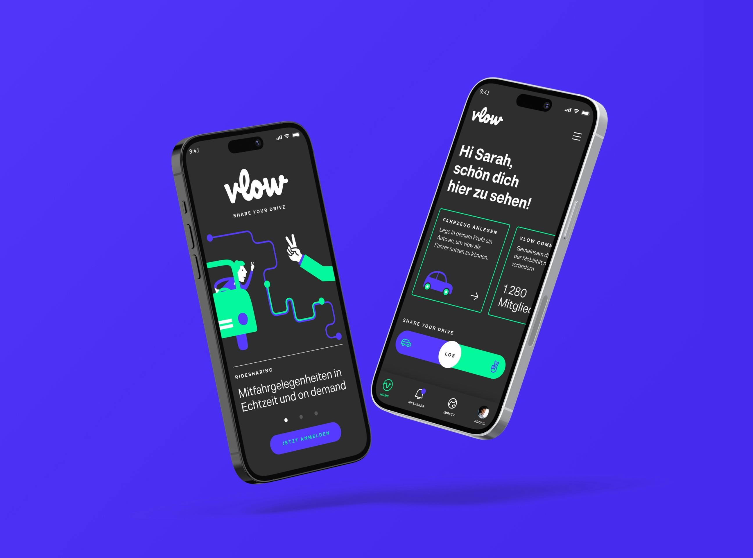 Zwei schwebende Handys mit verschiedenen Ansichten der vlow App, User Interface in minimalistischem Design © good matters
