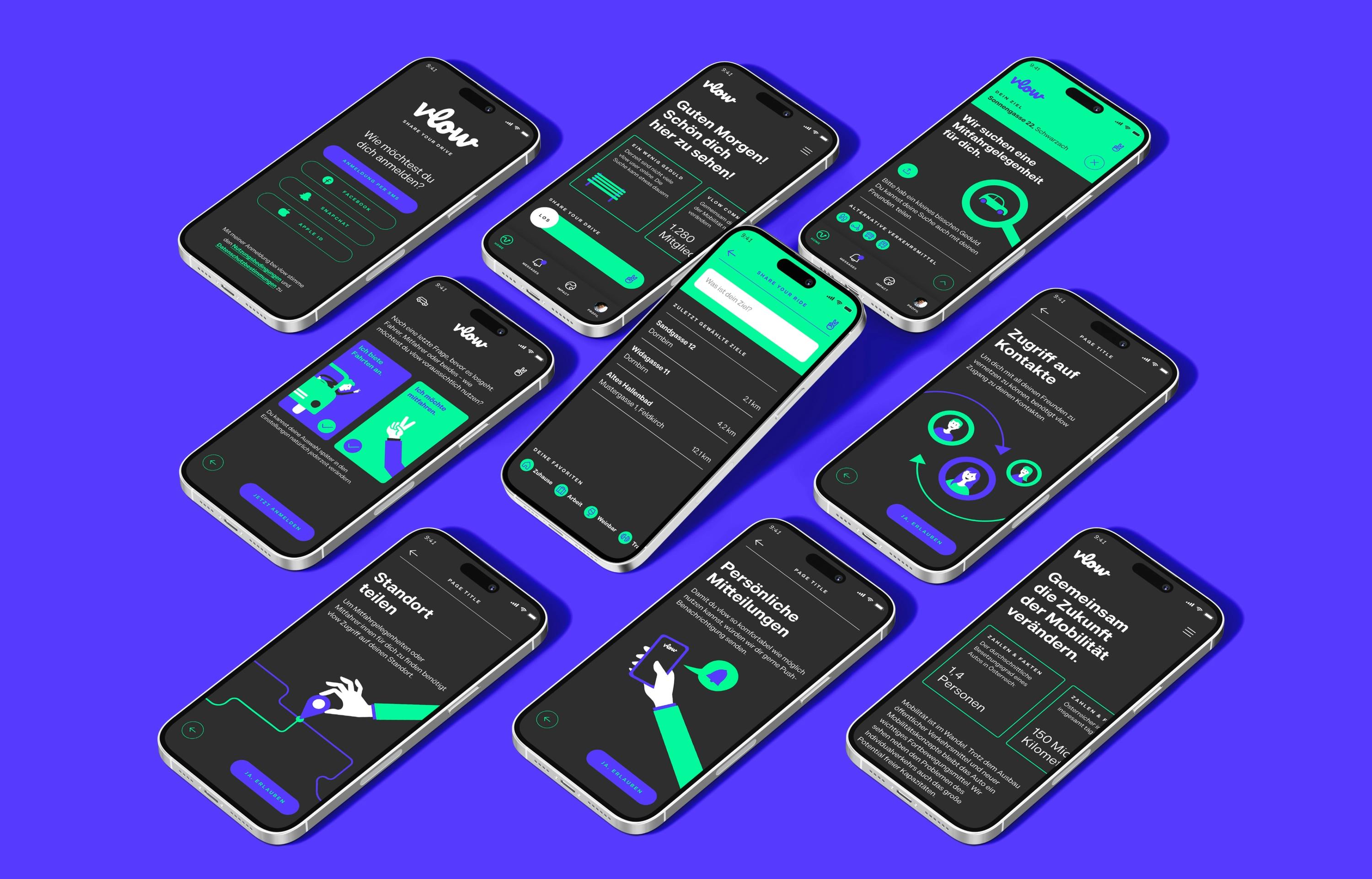 Mehrere Handys liegen auf einer lila Farbfläche und zeigen verschiedene Screens der vlow App © good matters