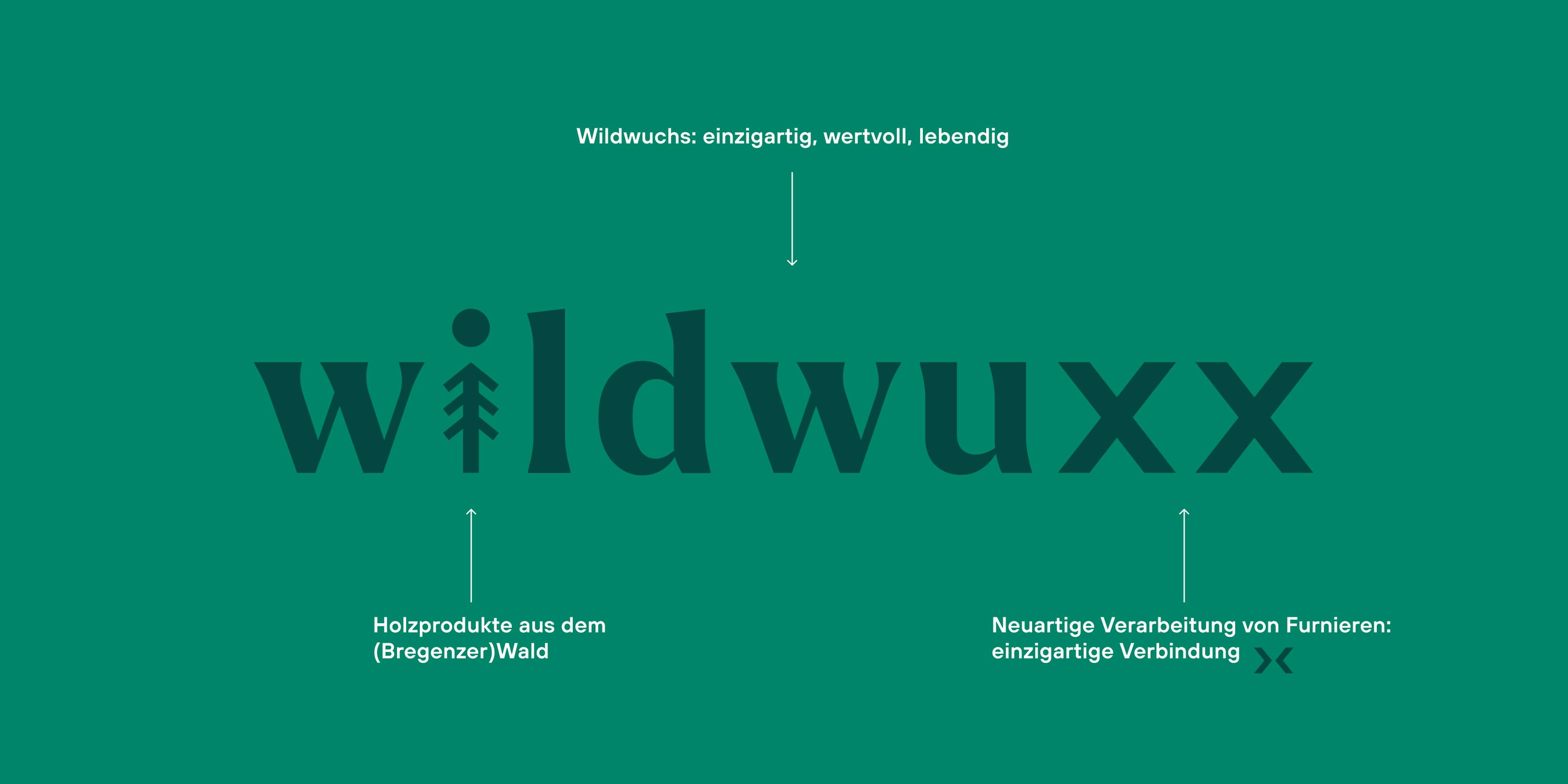 wildwuxx Logo auf grünem Hintergrund mit Beschreibungen zur Herleitung © good matters