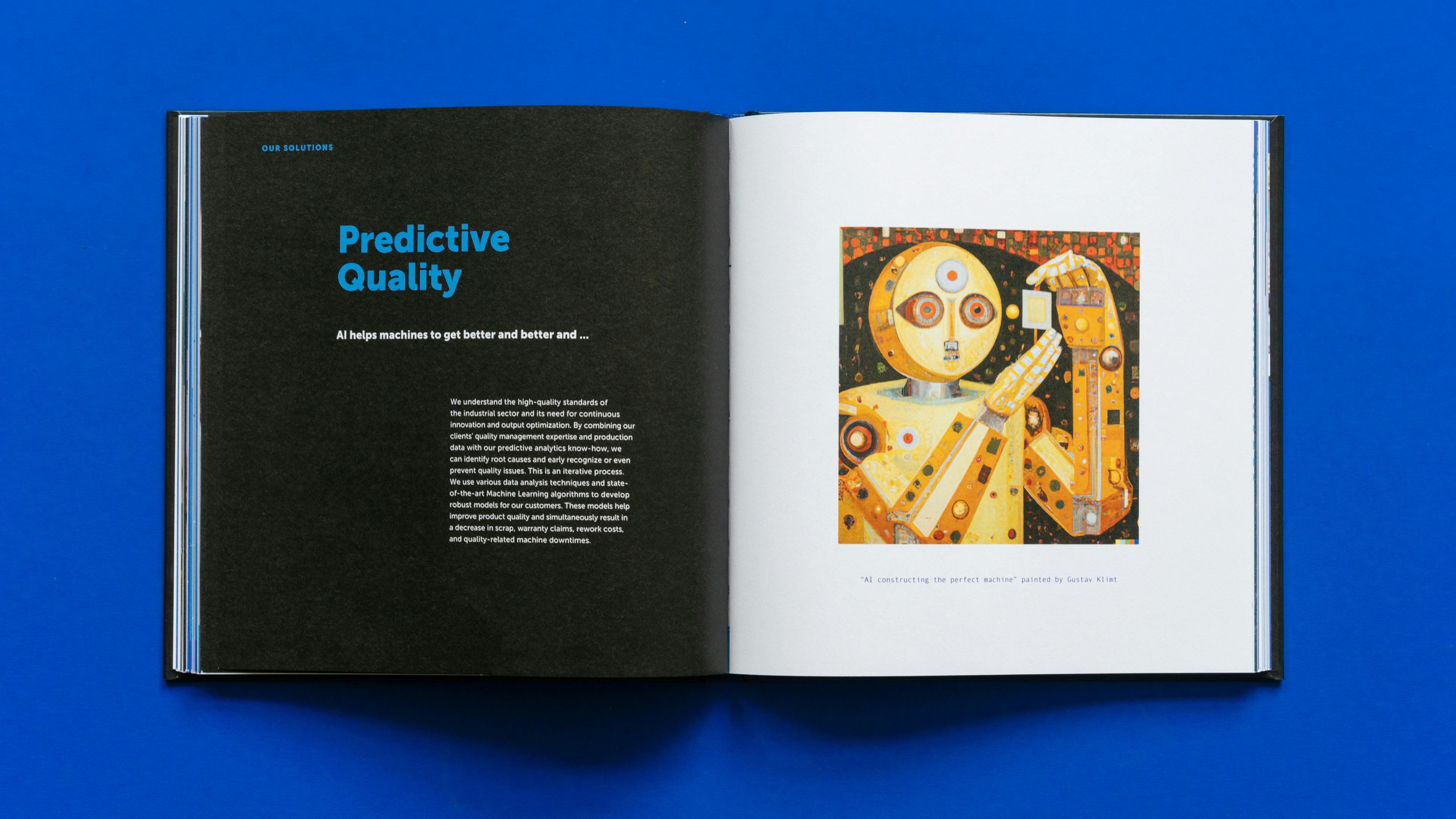 Doppelseite, Our solutions Predictive Quality, Ein mit AI generierter Roboter im Stil von Gustav Klimt und Beschreibungstext © goodmatters
