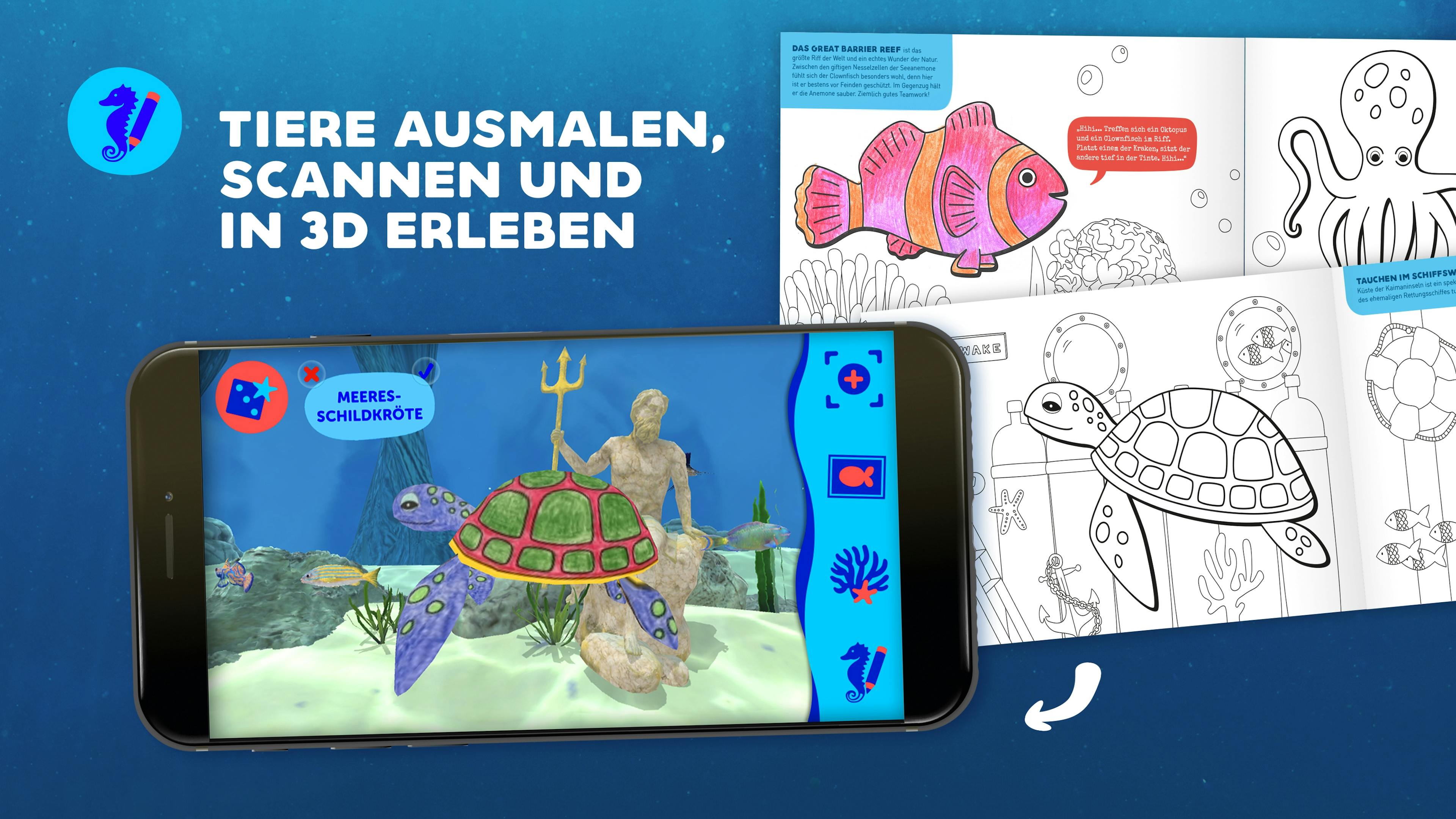 Vorschaubild der Stickermania Atlantis Unterwasser-App mit einer Schildkröte im Bild, die aus dem Malbuch gescannt wurde © good matters x gobiq