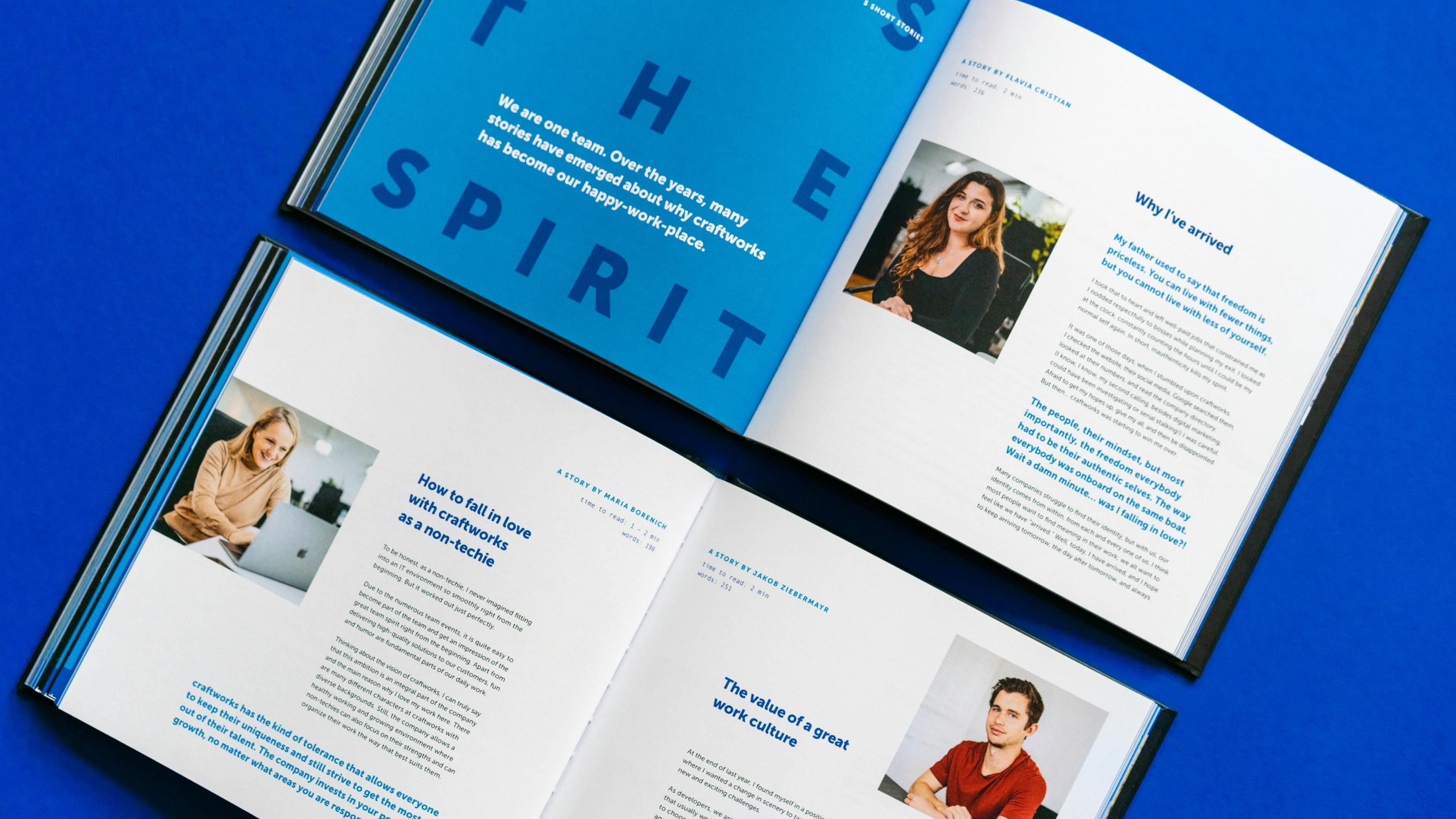 zwei Doppelseiten von drei unterschiedlichen Stories über den Team Spirit bei craftworks die MitarbeiterInnen geschrieben haben © goodmatters