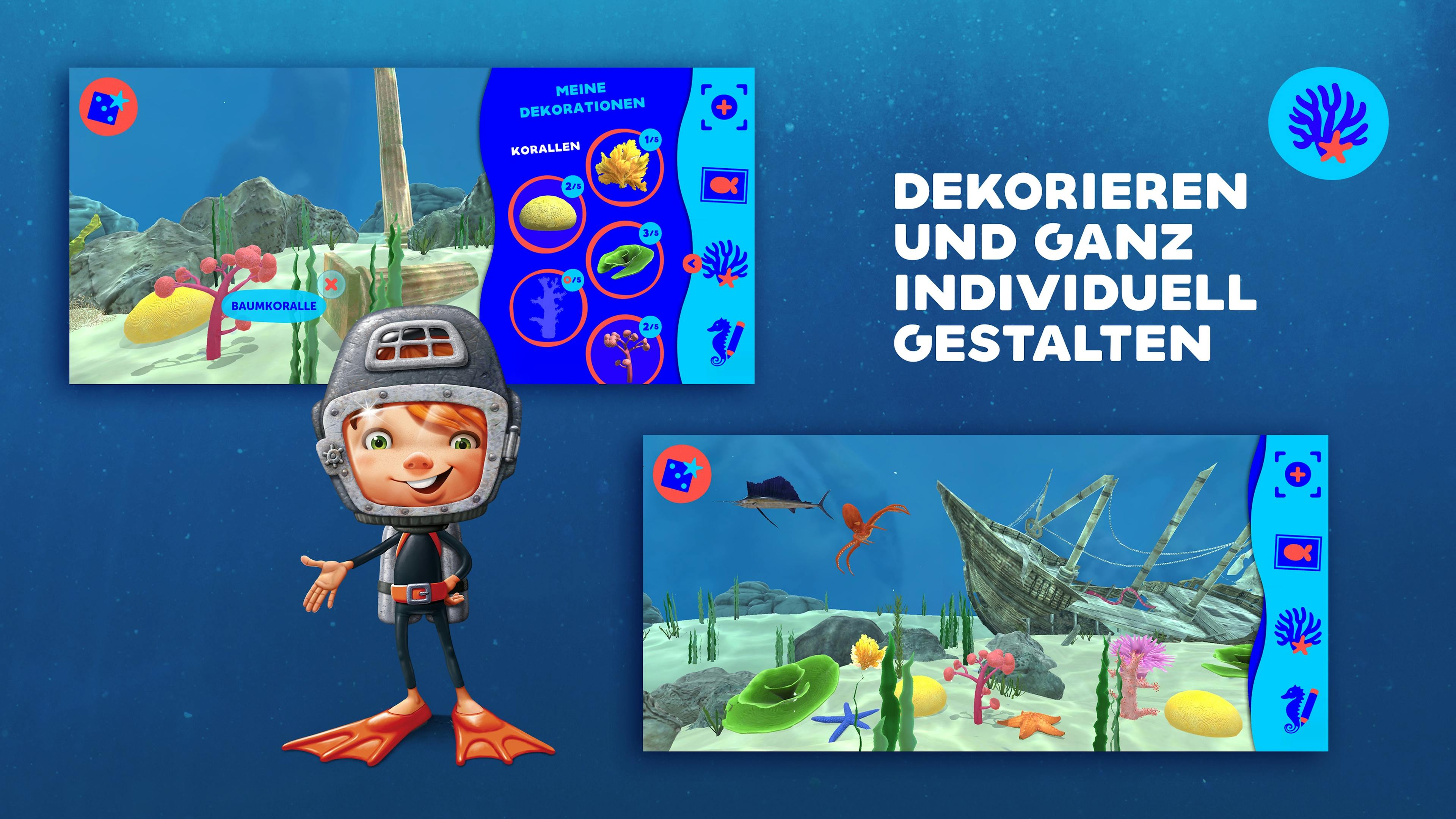Oskar zeigt zwei Szenen aus der Stickermania Atlantis Unterwasser-App, die die Deko-Funktion erklären © good matters x gobiq