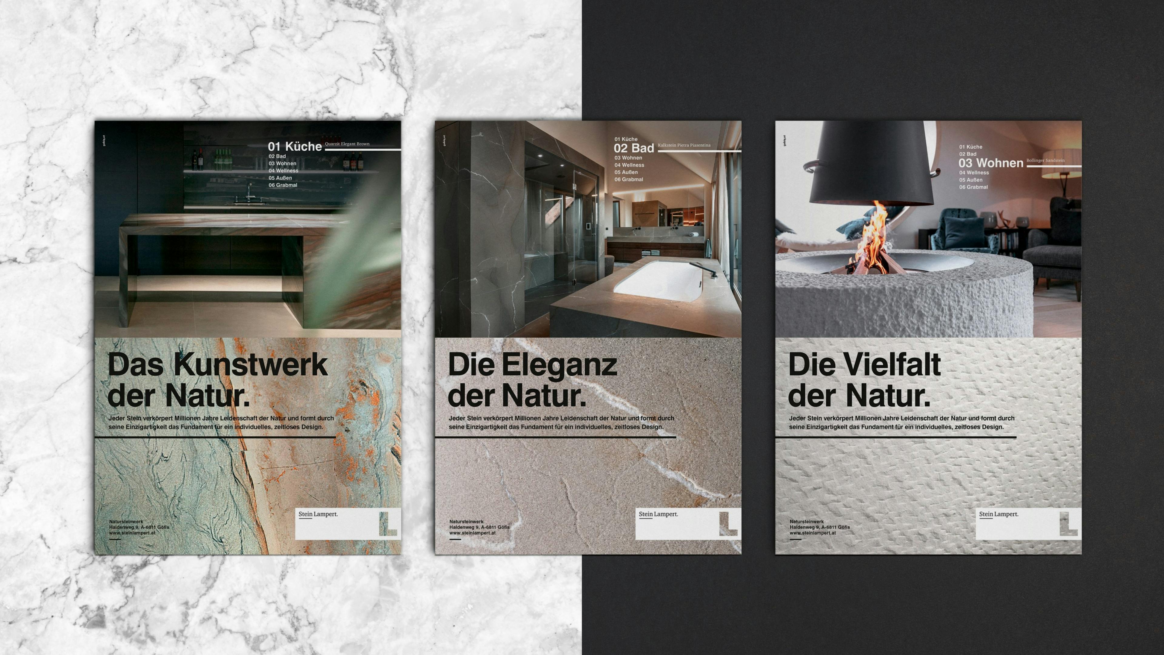 Drei Inserate von Stein Lampert verbinden Steintexturen mit Interior Design und zeigen die Vielfalt der Natur © gobiq