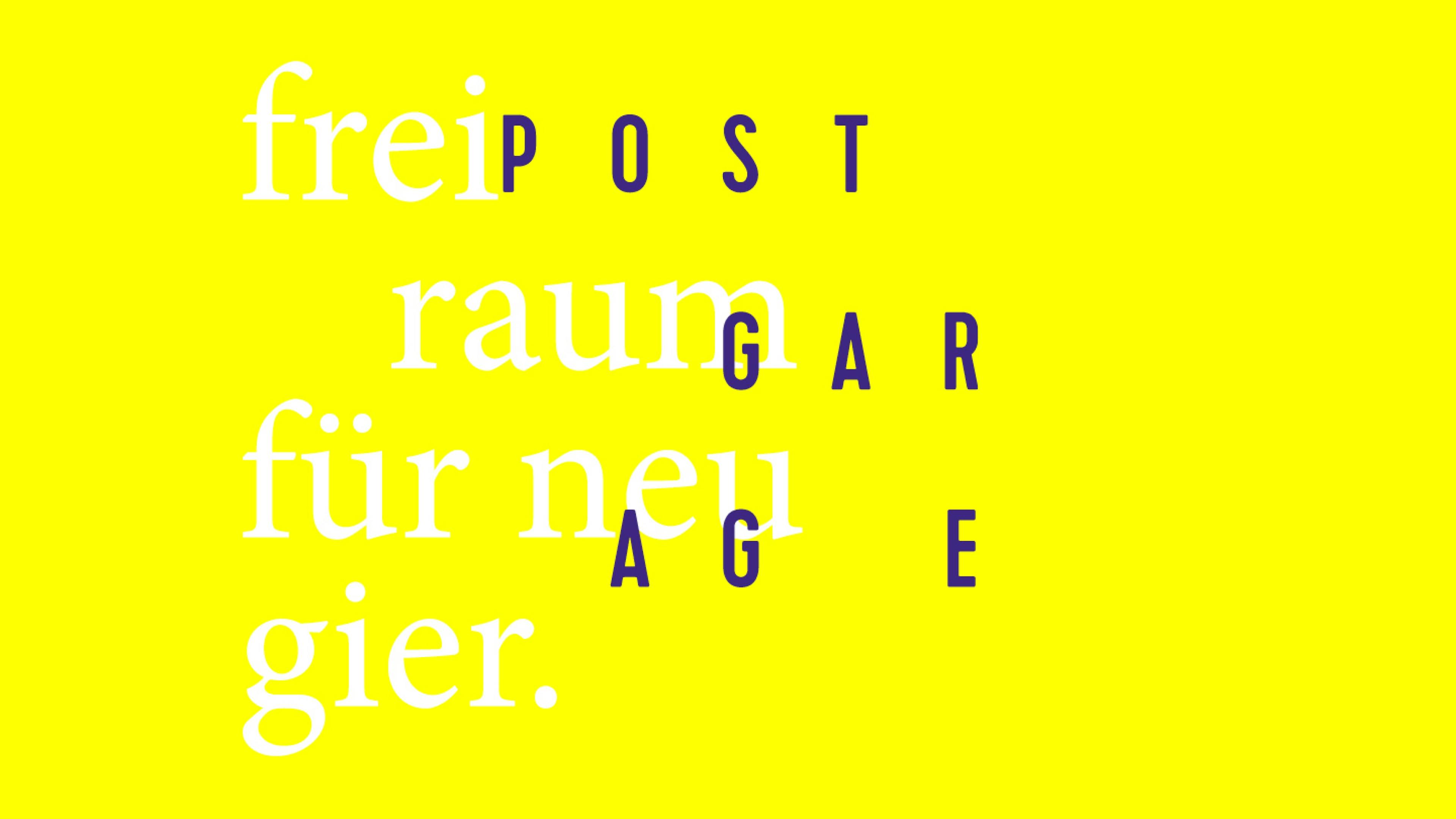 Gelbe Farbfläche mit Postgarage Logo und Claim Freiraum für Neugier © gm gobiq