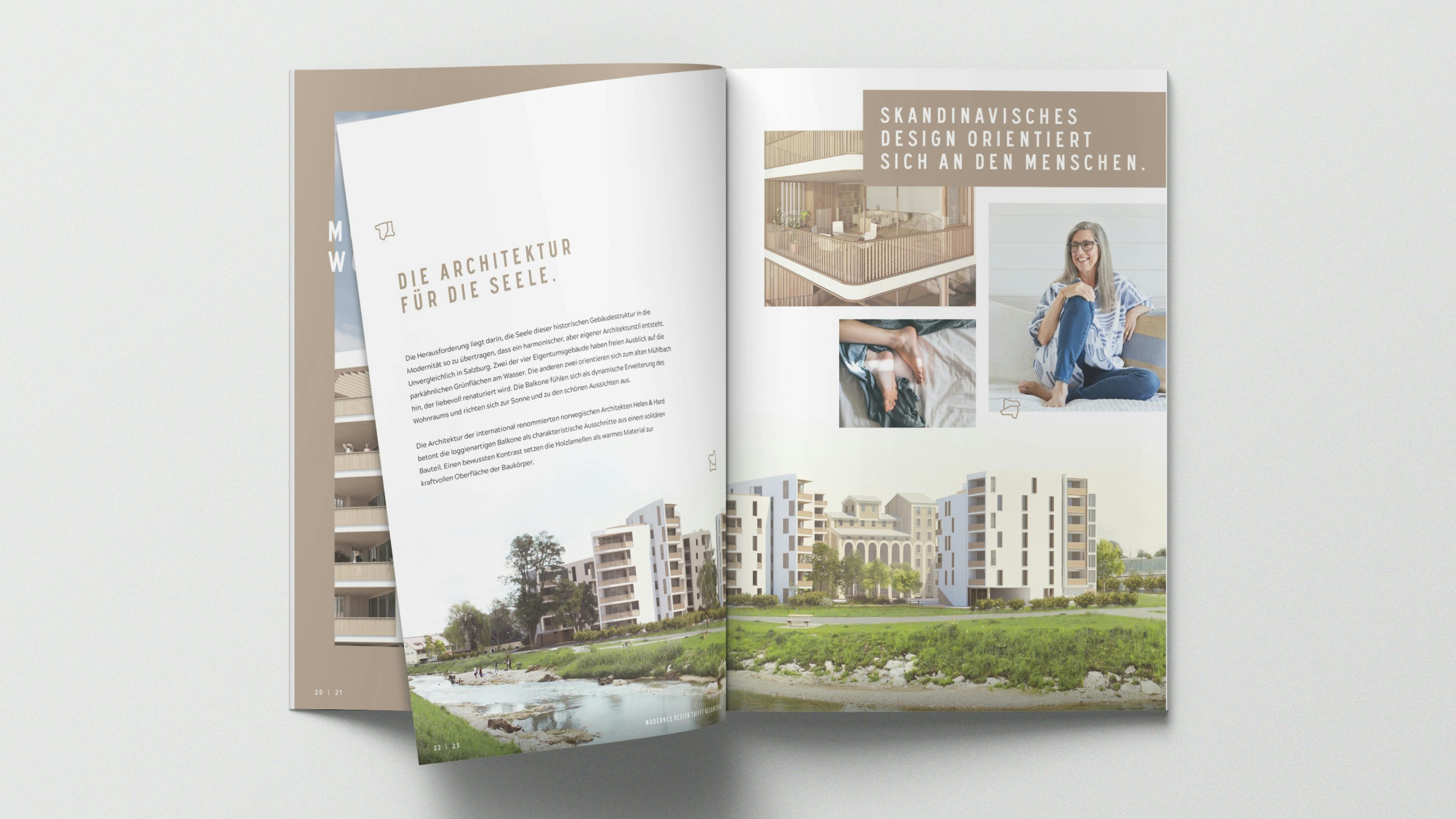 Doppelseite des Quartier Rauchmühle Magazins zeigt das skandinavische Design des Wohnbaus und eine 3D Visualisierung des neuen Quartiers © gobiq