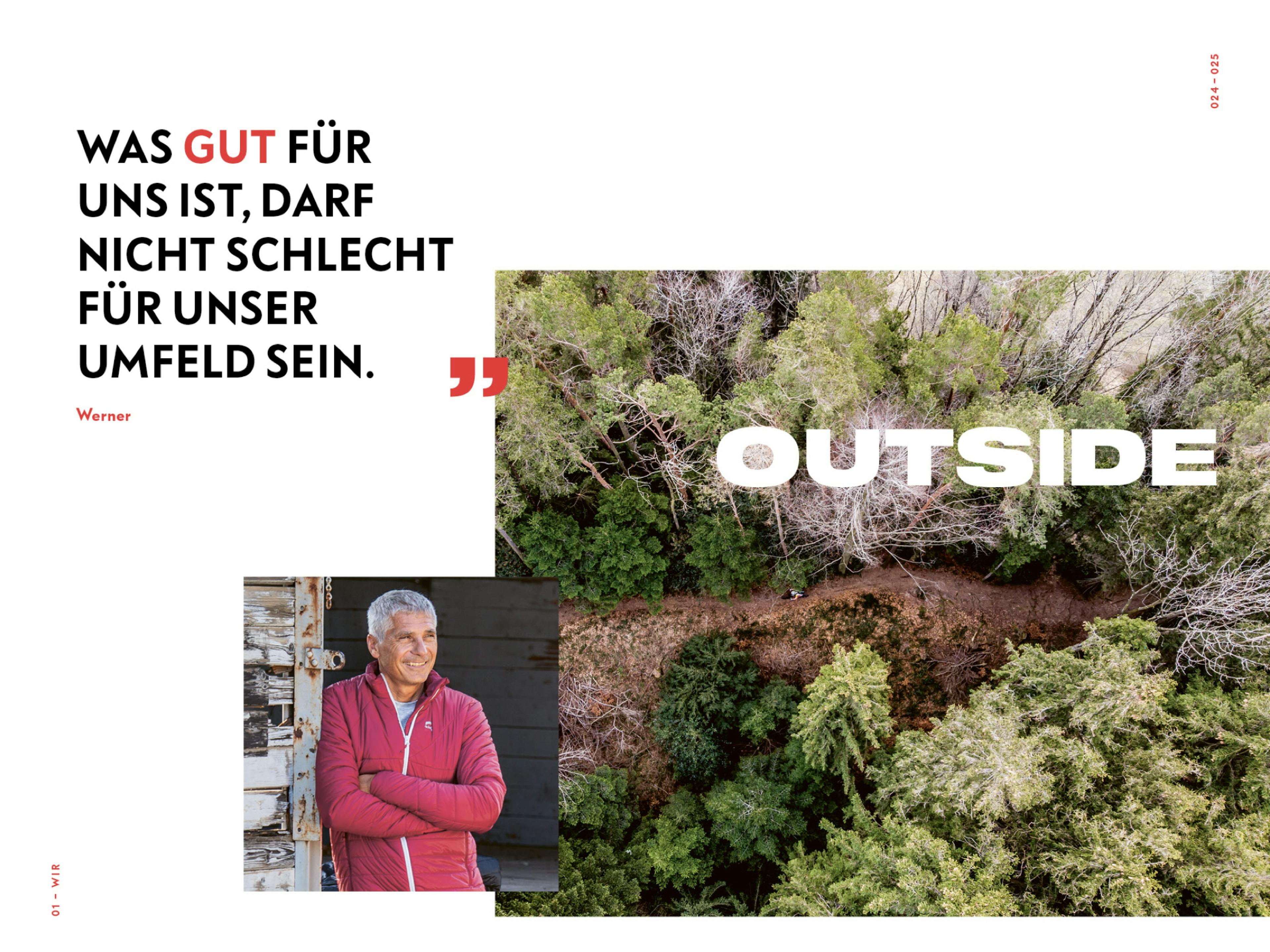 Doppelseite Nachhaltigkeit des skinfit brandbooks mit Zitat von Werner: Was gut für uns ist, darf nicht schelcht für unser Umfeld sein. © gm gobiq