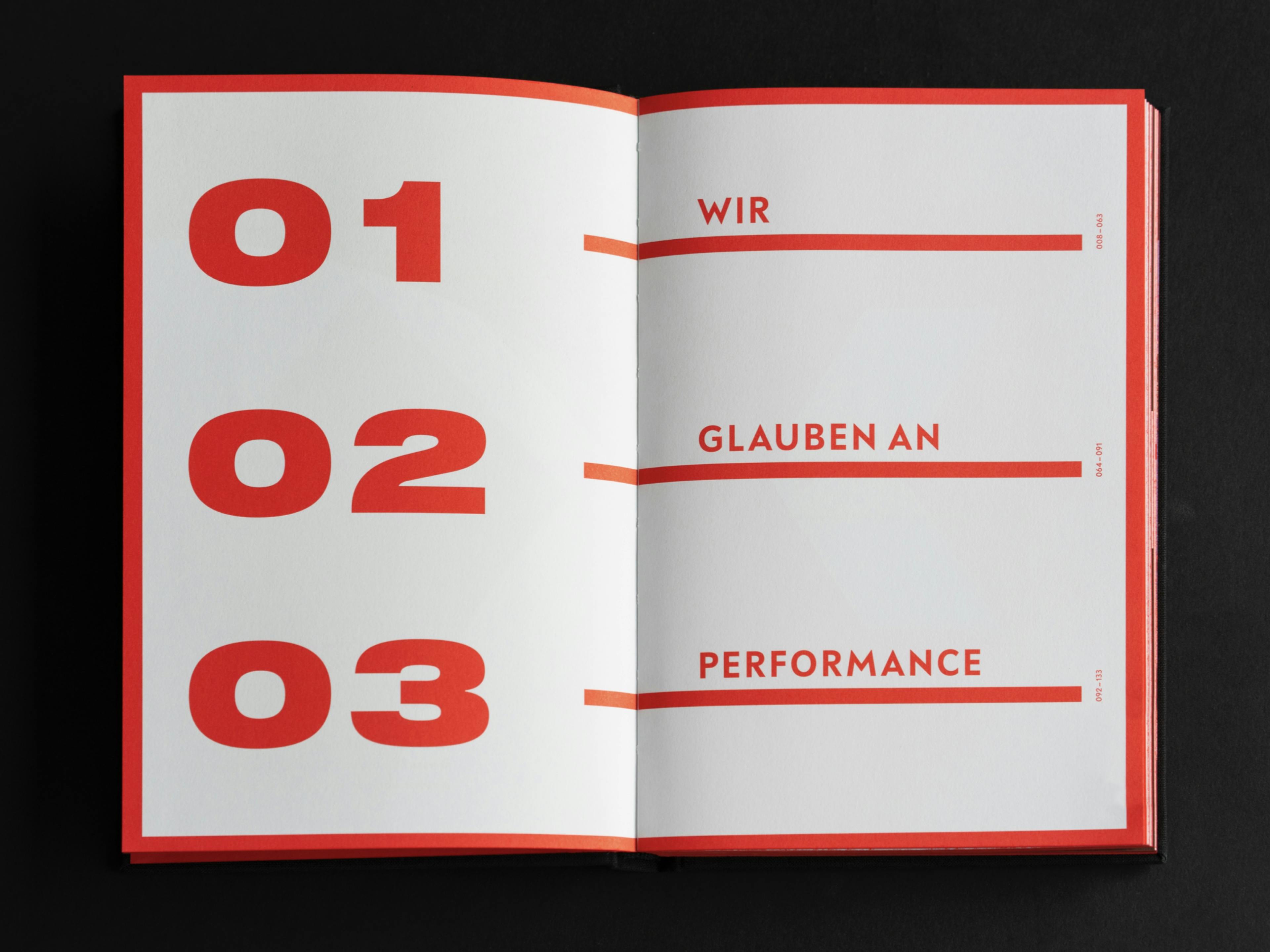 Innenansicht skinfit brandbook, Inhaltsverzeichnis: Wir glauben an Performance in drei Kapiteln © gm gobiq