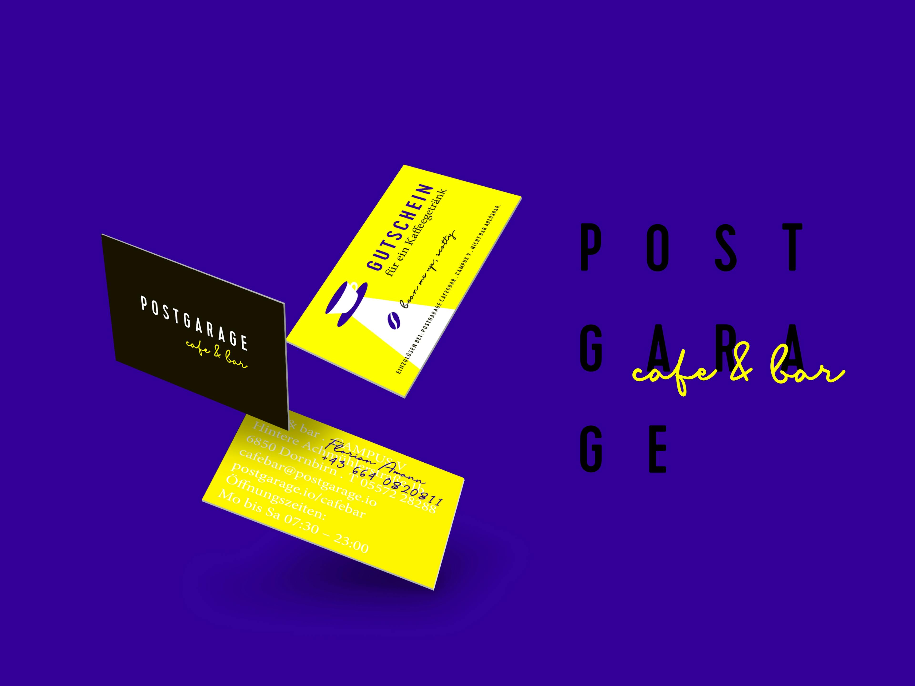 Fliegende Visitenkarte und Gutscheine der Postgarage cafe&bar © gm gobiq