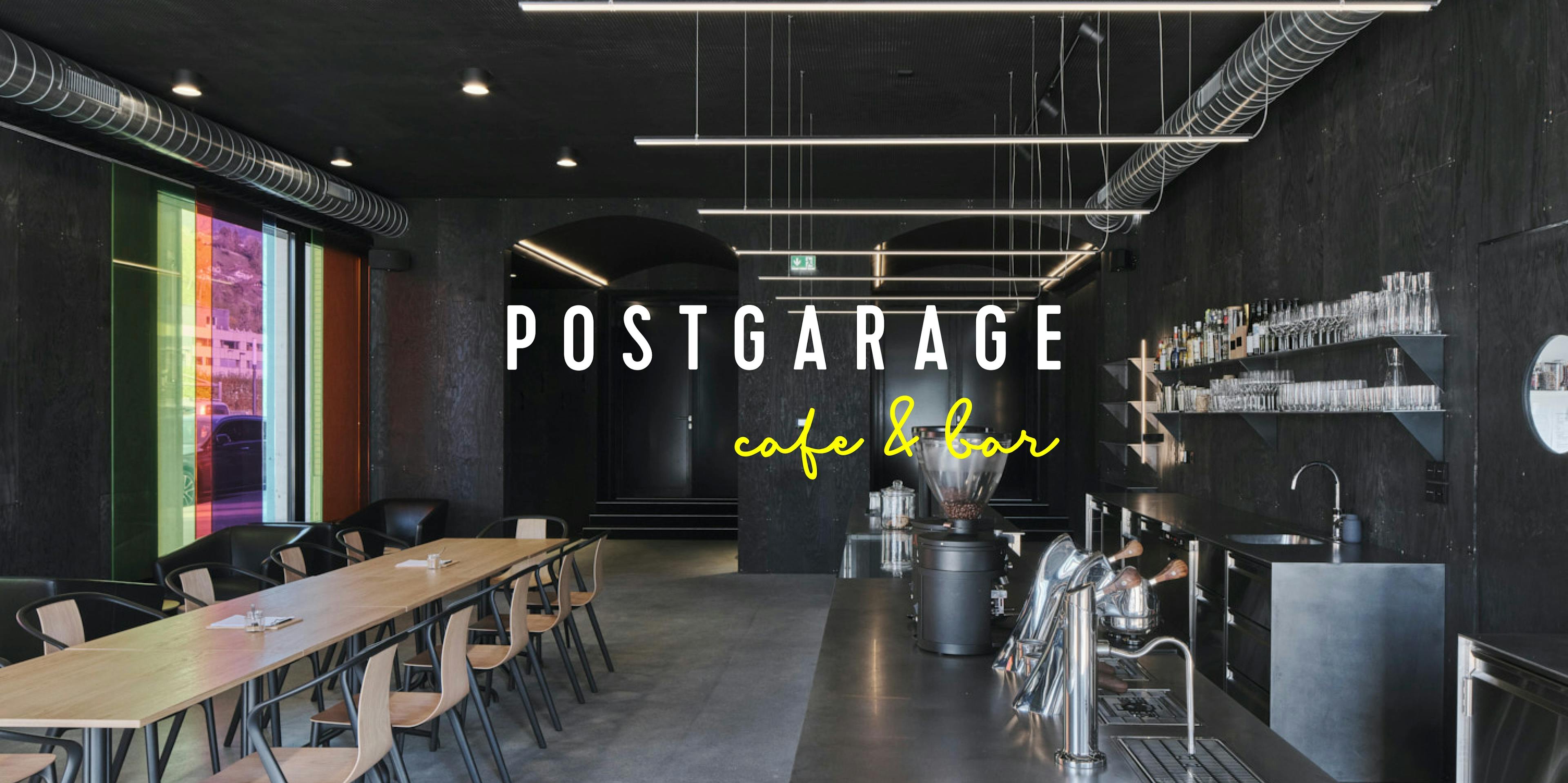 Bild der Postgarage mit Überlagerung des Logos der Postgarage cafe&bar © gm gobiq