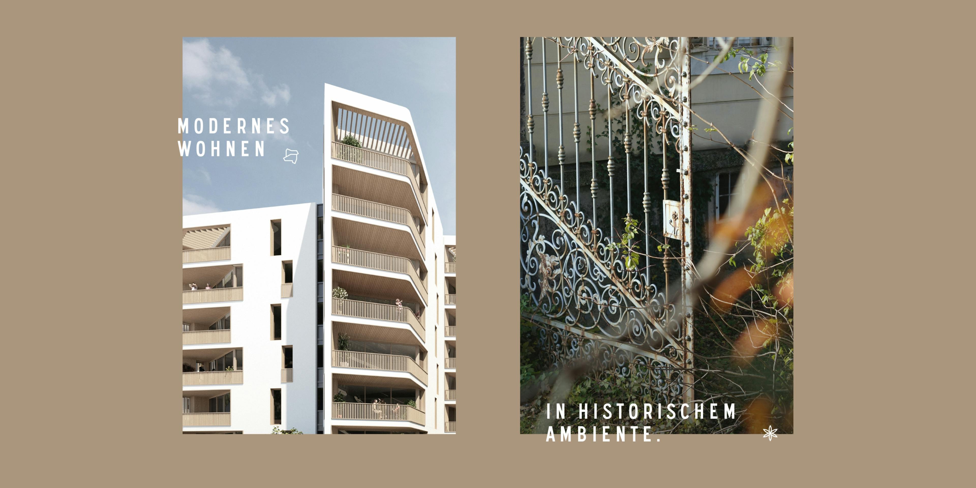 Gegenüberstellung von zwei Bildern zeigt das neue Wohnbauprojekt im Quartier Rauchmühle und einen alten Zaun – Modernes Wohnen in historischem Ambiente © gobiq