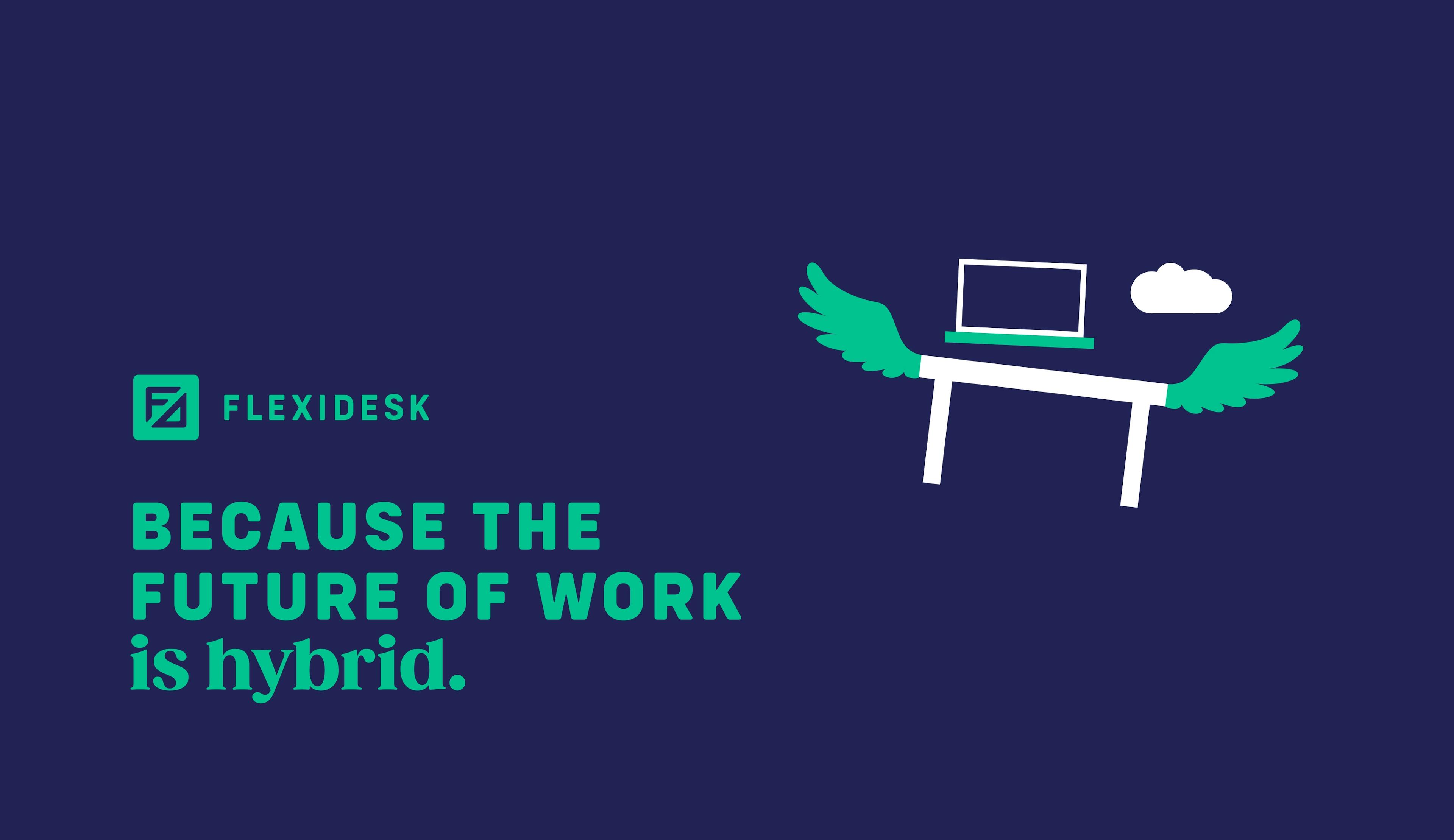 Blaue Farbfläche mit illustriertem fliegenden Tisch und einem Laptop darauf und der Headline: Because the Future of Work is Hybrid © good matters