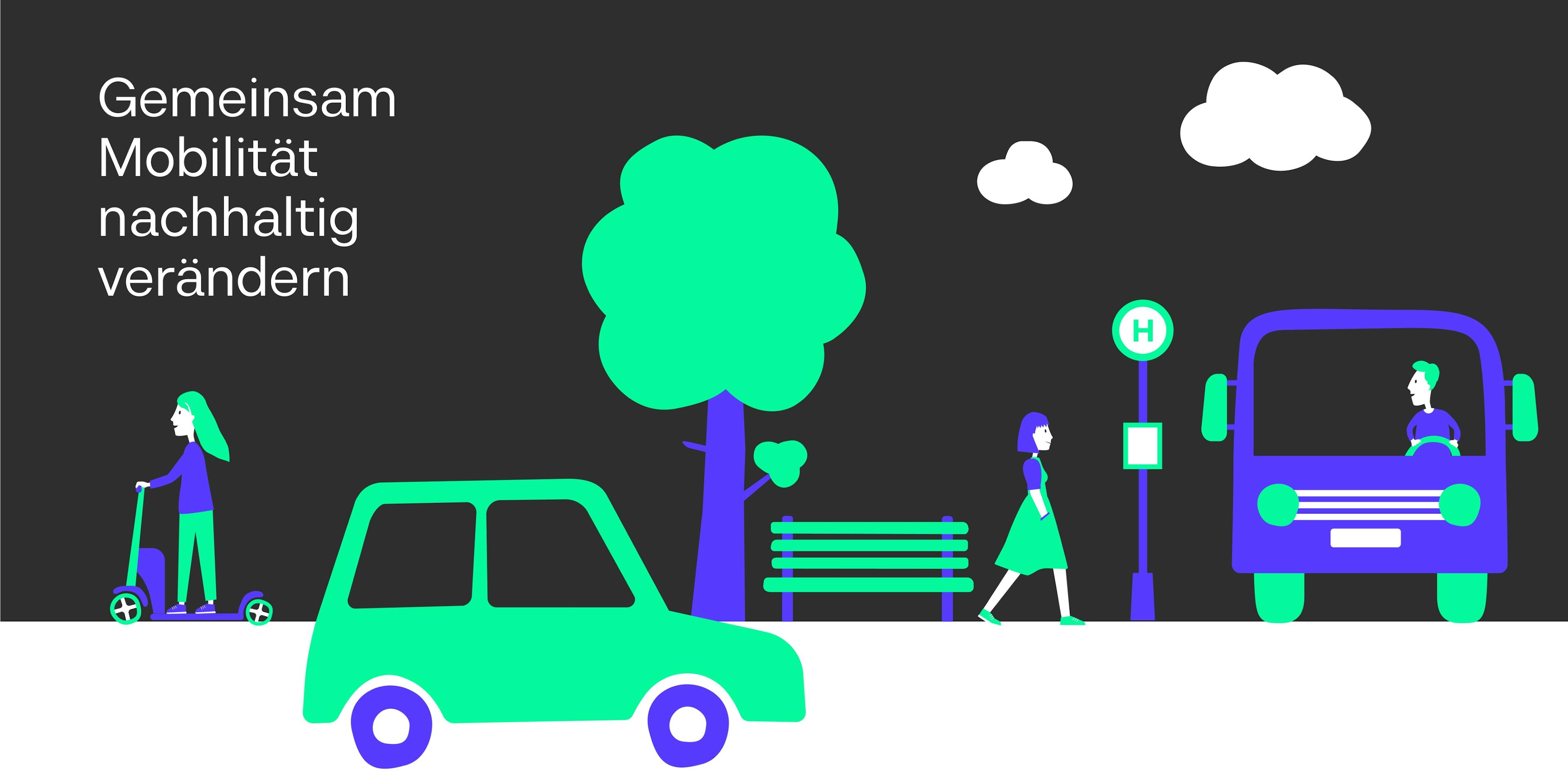 Illustrationen in lila und grün, die verschiedene Arten von Mobilität zeigen: Auto, Roller, Bus © good matters