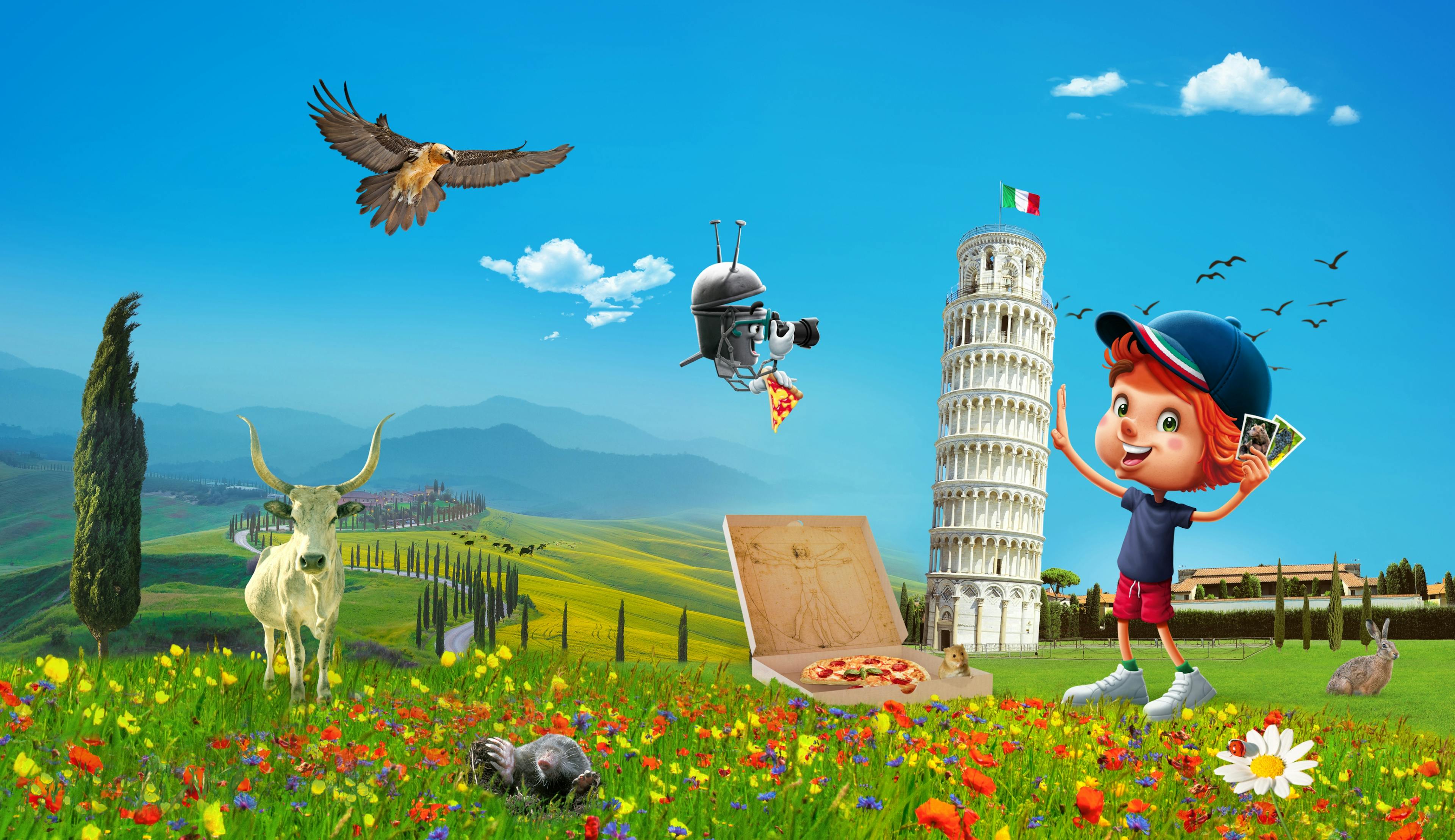 Oskar und Bo stehen in einer Wiese vor dem schiefem Turm von Pisa mit einem Rind, ein Adler fliegt darüber, Bo isst Pizza © good matters