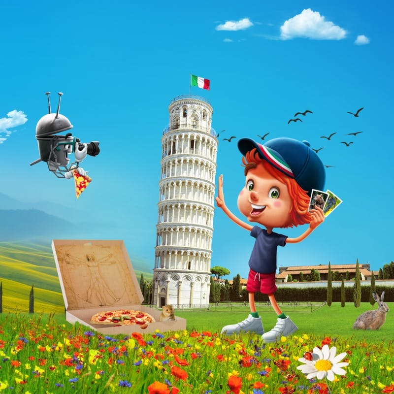 Oskar und Bo stehen in einer Wiese vor dem schiefem Turm von Pisa mit einem Rind, ein Adler fliegt darüber, Bo isst Pizza © goodmatters