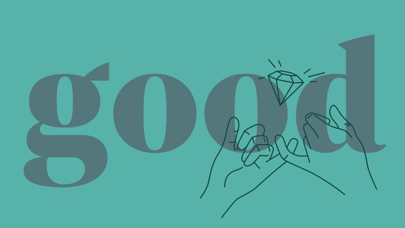 Farbfläche mit Wort "good", Lineare Illustration: zwei Hände mit verschränkten Fingern und einem glänzenden Diamanten in der Mitte © good matters