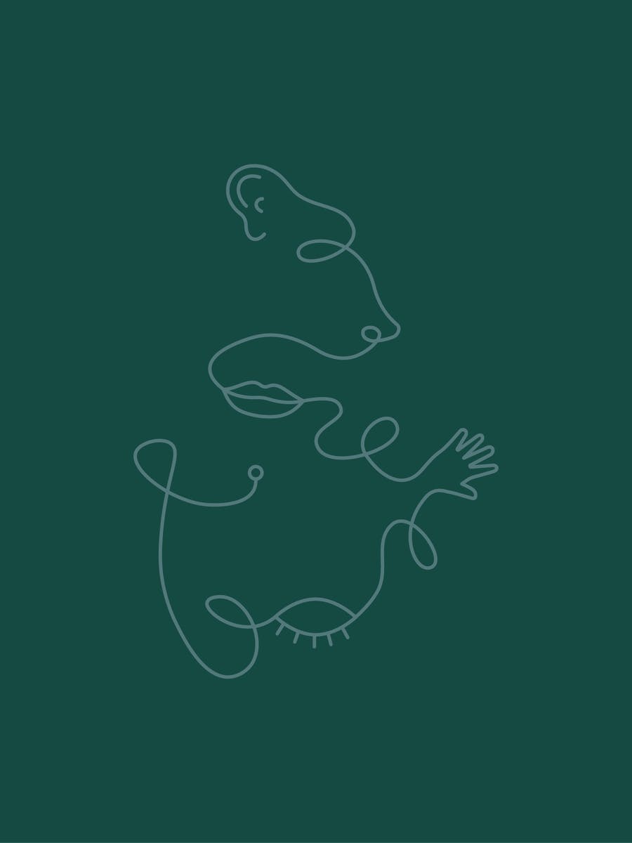 Lineare Illustration auf dunkelgrün zeigt die 5 Sinne in Form einer symbolischen Nase, eines Mundes, einer Hand und eines Auges © good matters